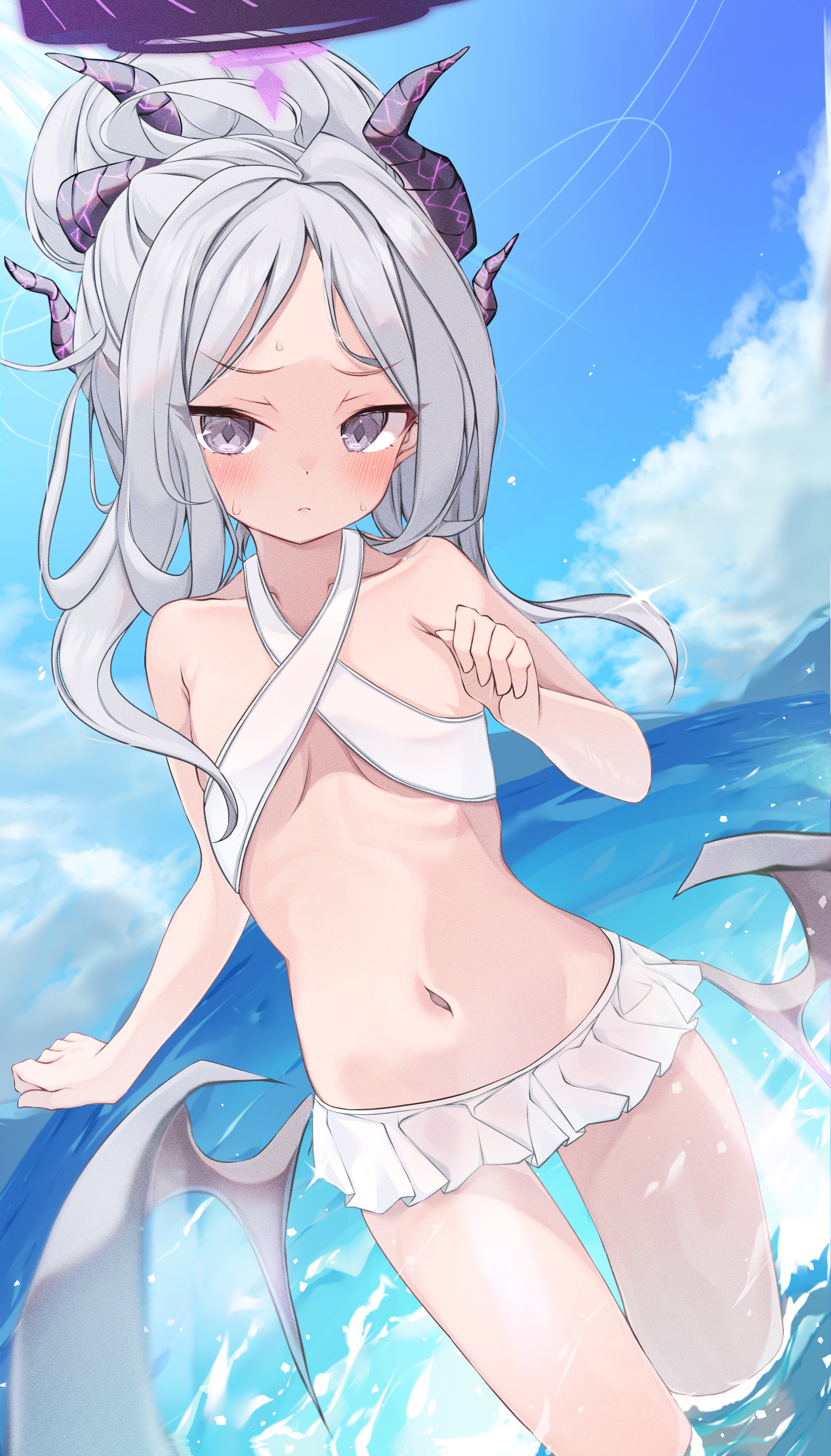 paru 364364, hina (blue archive), blue archive, absurdres, highres, 1girl, ahoge, black halo, blue sky, breasts, day, demon girl, demon horns, demon wings, halo, horns, long hair, looking at viewer, navel, ocean, outdoors, sky, small breasts, solo, standing, swimsuit, white hair, wings