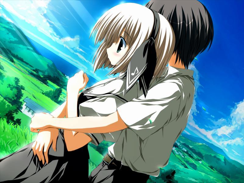 suzuri, suzuri (tennenseki), hirose takuma, otoha (h2o), h2o footprints in the sand, game cg, jpeg artifacts, 00s, 1boy, 1girl, hetero, hug, ribbon, school uniform, serafuku