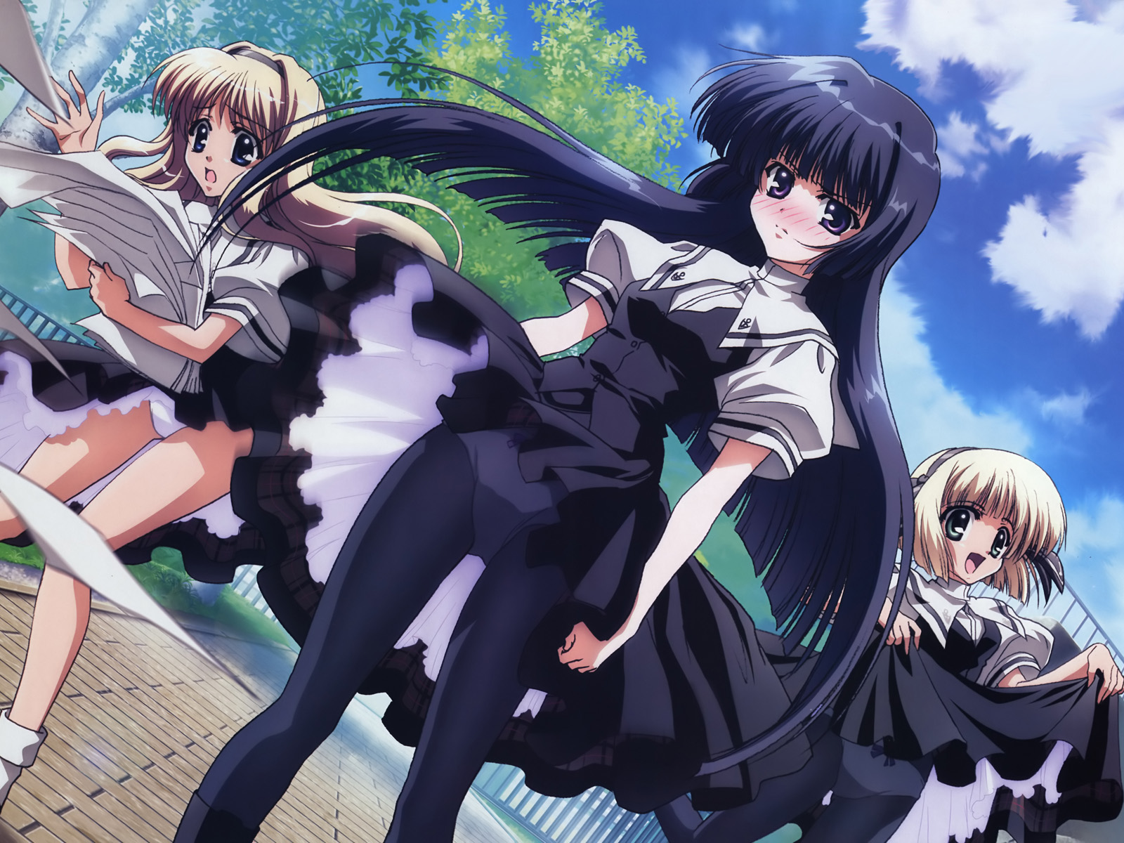 oonishi takako, kagura hinata, kohinata hayami, otoha (h2o), h2o footprints in the sand, highres, 00s, 3girls, multiple girls, panties, panties under pantyhose, pantyhose, pantyshot, school uniform, serafuku, underwear, wind
