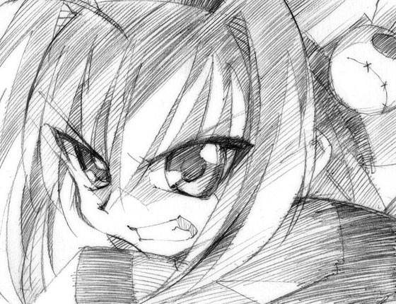 gofu, vita (nanoha), lyrical nanoha, mahou shoujo lyrical nanoha, mahou shoujo lyrical nanoha a's, traditional media, 00s, angry, greyscale, monochrome, sketch, solo