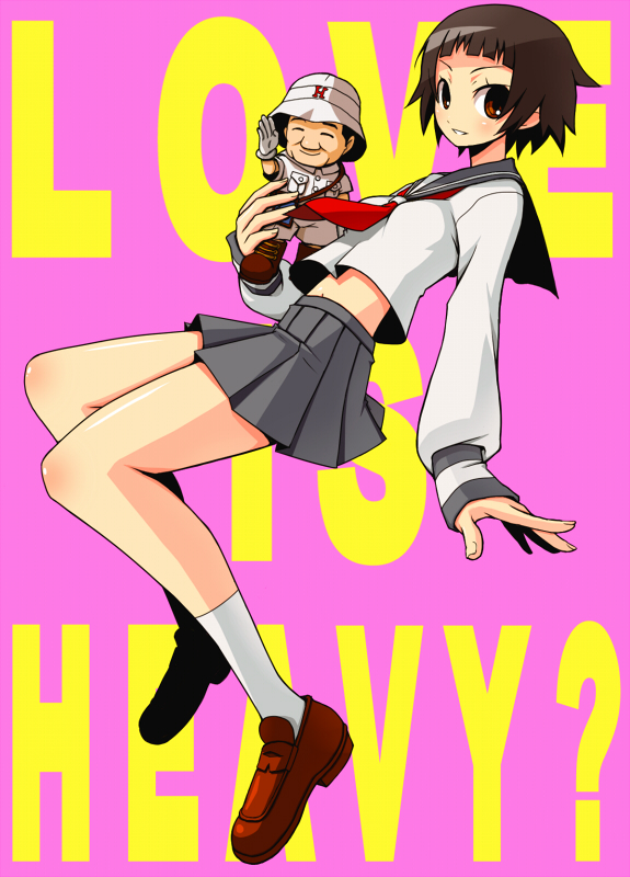 shirono, tsunetsuki matoi, sayonara zetsubou sensei, 00s, 1girl, character doll, doll, english text, female focus, full body, holding, kneehighs, loafers, long sleeves, looking at viewer, neckerchief, pink background, pleated skirt, sailor collar, school uniform, serafuku, shirt, shoes, short hair, simple background, skirt, socks, solo, text focus, white shirt, white socks