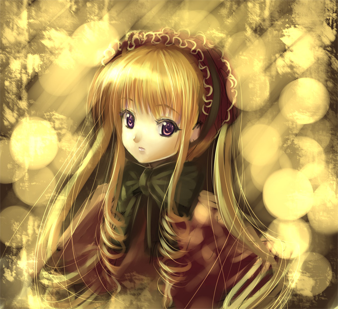 kitiroku, shinku, rozen maiden, 00s, 1girl, blonde hair, blue eyes, bonnet, bow, bowtie, dress, drill hair, female focus, green bow, green bowtie, looking at viewer, red dress, sidelocks, solo, twin drills, twintails