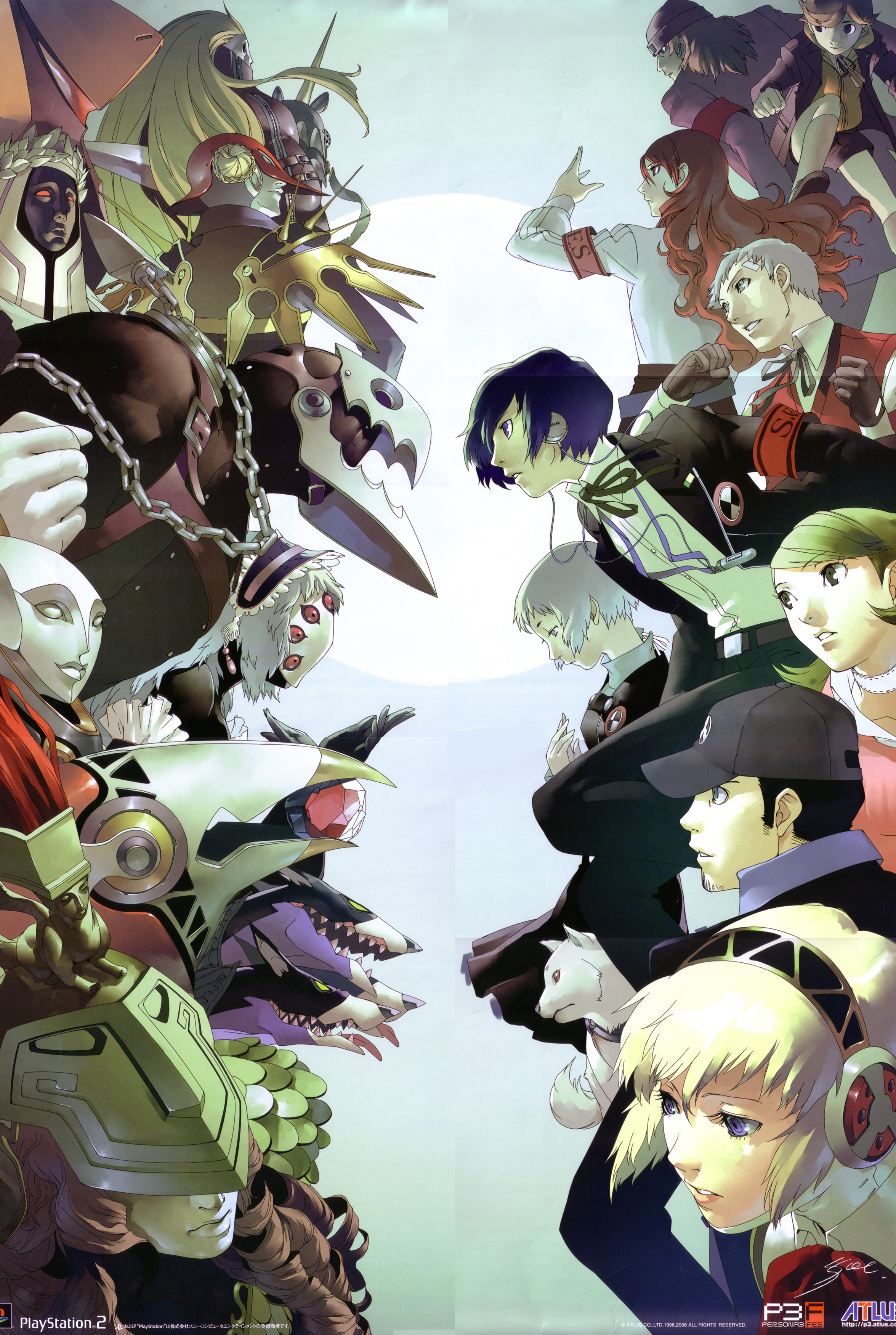 soejima shigenori, aigis (persona), amada ken, aragaki shinjirou, artemisia (megami tensei), athena (megami tensei), caesar (megami tensei), castor (persona), cerberus (megami tensei), io (megami tensei), iori junpei, isis (megami tensei), juno (megami tensei), kala nemi, kala nemi (megami tensei), kirijou mitsuru, koromaru (persona), sanada akihiko, takeba yukari, thanatos (persona), trismegistus, yamagishi fuuka, yuuki makoto (persona 3), atlus, persona, persona 3, absurdres, highres, official art, scan, 4girls, 5boys, beanie, blue eyes, blue hair, brown hair, chain, everyone, game, hat, helmet, long hair, multiple boys, multiple girls, opposing sides, red hair, s.e.e.s, white hair