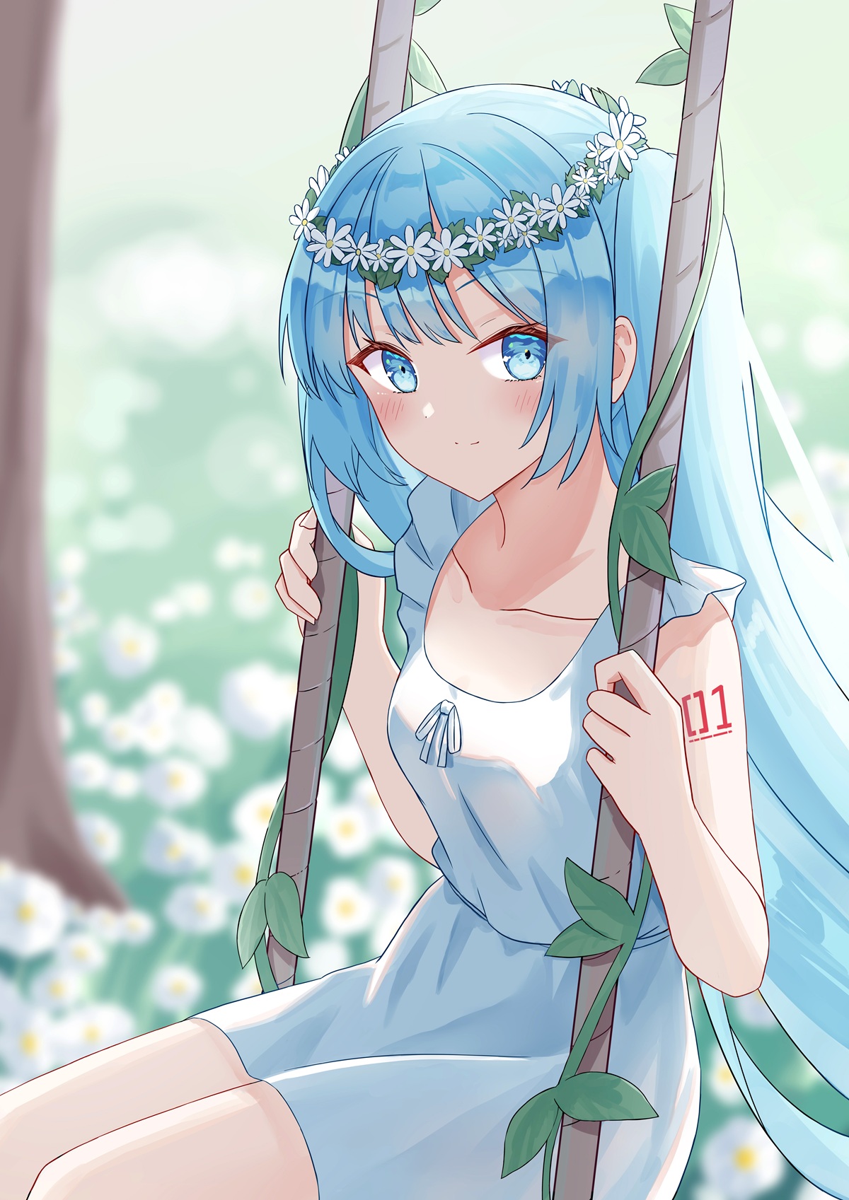 akaya (pixiv20545353), hatsune miku, vocaloid, commentary request, highres, 1girl, bare arms, blue eyes, blue hair, blurry, blurry background, breasts, closed mouth, collarbone, day, depth of field, dress, field, flower, flower field, flower wreath, hands up, head wreath, long hair, looking at viewer, outdoors, sitting, sleeveless, sleeveless dress, small breasts, smile, solo, tree, twintails, very long hair, white dress