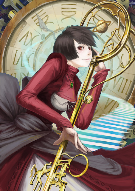masankaku, original, 1girl, black hair, clock, dress, female focus, jewelry, key, necklace, oversized object, pendant, red eyes, roman numeral, short hair, solo