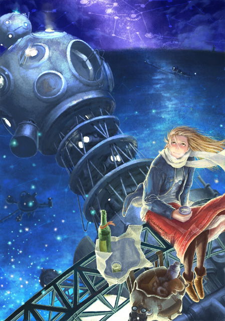 masankaku, original, 1girl, ankle boots, blonde hair, boots, bottle, constellation, denim, female focus, looking up, night, planetarium, scarf, sitting, skirt, smile, solo, wind