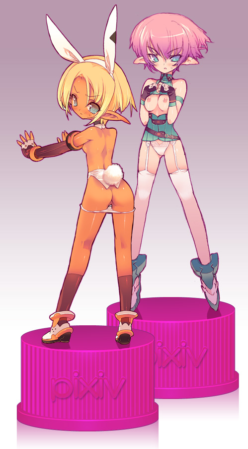 blade (galaxist), original, white legwear, bad id, bad pixiv id, 2girls, 3d, :o, animal ears, armband, ass, back, bare shoulders, belt, belt skirt, blonde hair, blue eyes, blush, breasts, breasts out, dark-skinned female, dark skin, elbow gloves, elf, fake animal ears, fake tail, fingerless gloves, from behind, full body, garter straps, gloves, gradient background, hairband, halterneck, kneehighs, kneepits, lace, lace-trimmed panties, lace trim, long pointy ears, looking at viewer, looking back, multiple girls, nipples, open mouth, outstretched arms, own hands together, panties, panty pull, pink hair, pixiv bottlecap, pointy ears, rabbit ears, rabbit tail, short hair, sideboob, small breasts, socks, standing, sweatdrop, tail, thighhighs, turtleneck, underwear, white panties