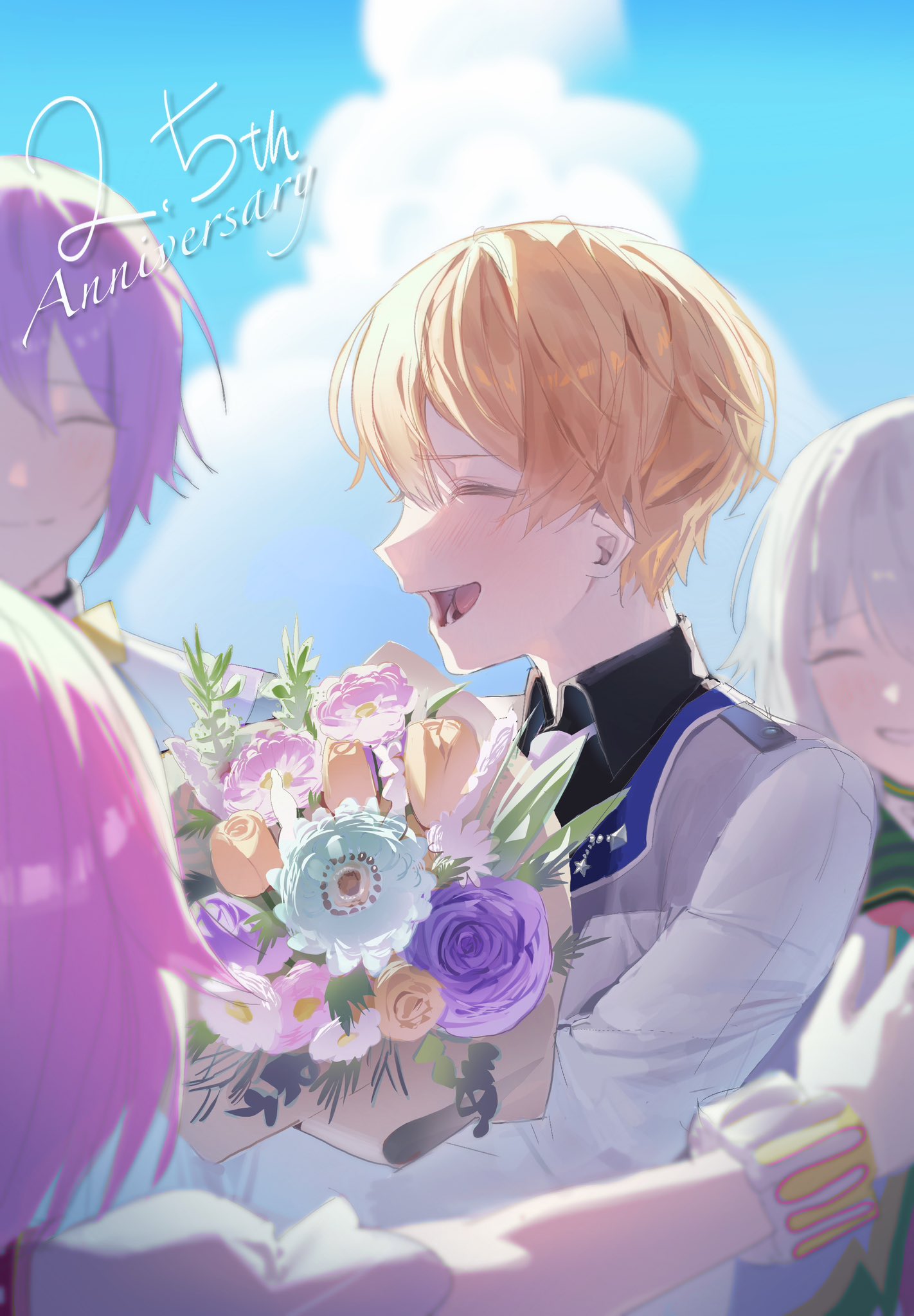 maengkkong8852, kamishiro rui, kusanagi nene, ootori emu, tenma tsukasa, project sekai, highres, 2boys, 2girls, blonde hair, blue sky, blush, bouquet, bracelet, closed eyes, cloud, collared shirt, day, flower, gradient hair, grey hair, hair between eyes, holding, holding bouquet, jacket, jewelry, multicolored hair, multiple boys, multiple girls, necktie, open mouth, orange flower, outdoors, pink hair, purple flower, purple hair, shirt, short hair, sky, smile, teeth, upper body, white jacket, yellow flower