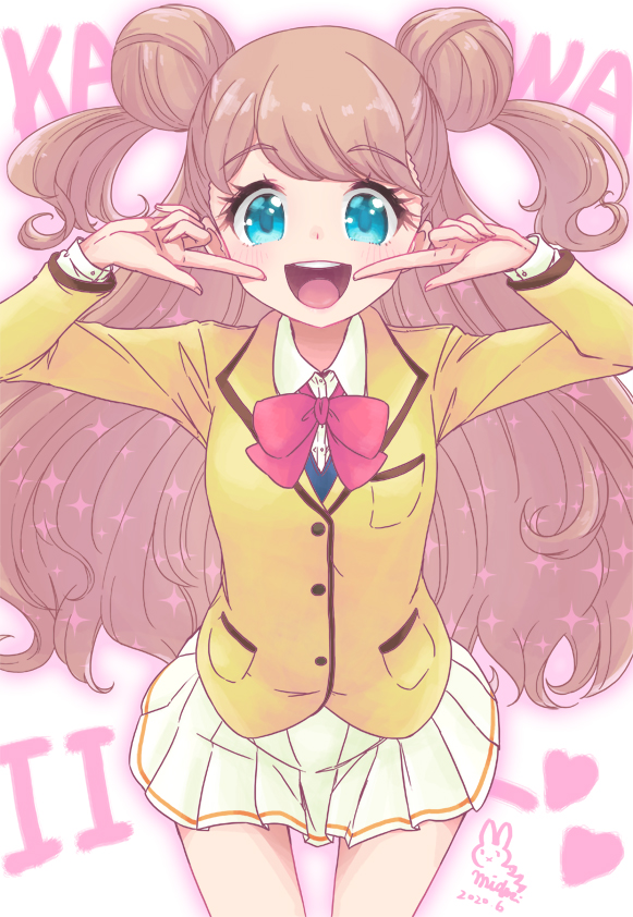 mizuki maya, kanamori maria, kiratto pri chan, pretty series, commentary, 1girl, :d, blazer, blue eyes, blush, breast pocket, brown hair, collared shirt, cowboy shot, double bun, dress shirt, fingers to cheeks, hair bun, heart, jacket, long hair, looking at viewer, miniskirt, open mouth, outer glow, pleated skirt, pocket, school uniform, shirt, signature, skirt, smile, solo, standing, straight-on, two side up, very long hair, white shirt, white skirt, yellow jacket