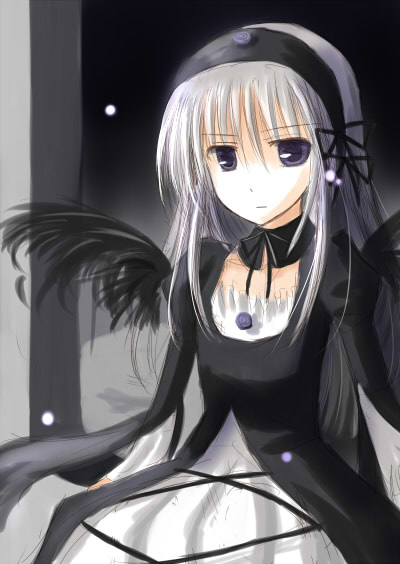 mashayuki, suigintou, rozen maiden, 00s, dress, hairband, long hair, sketch, solo, white hair, wings