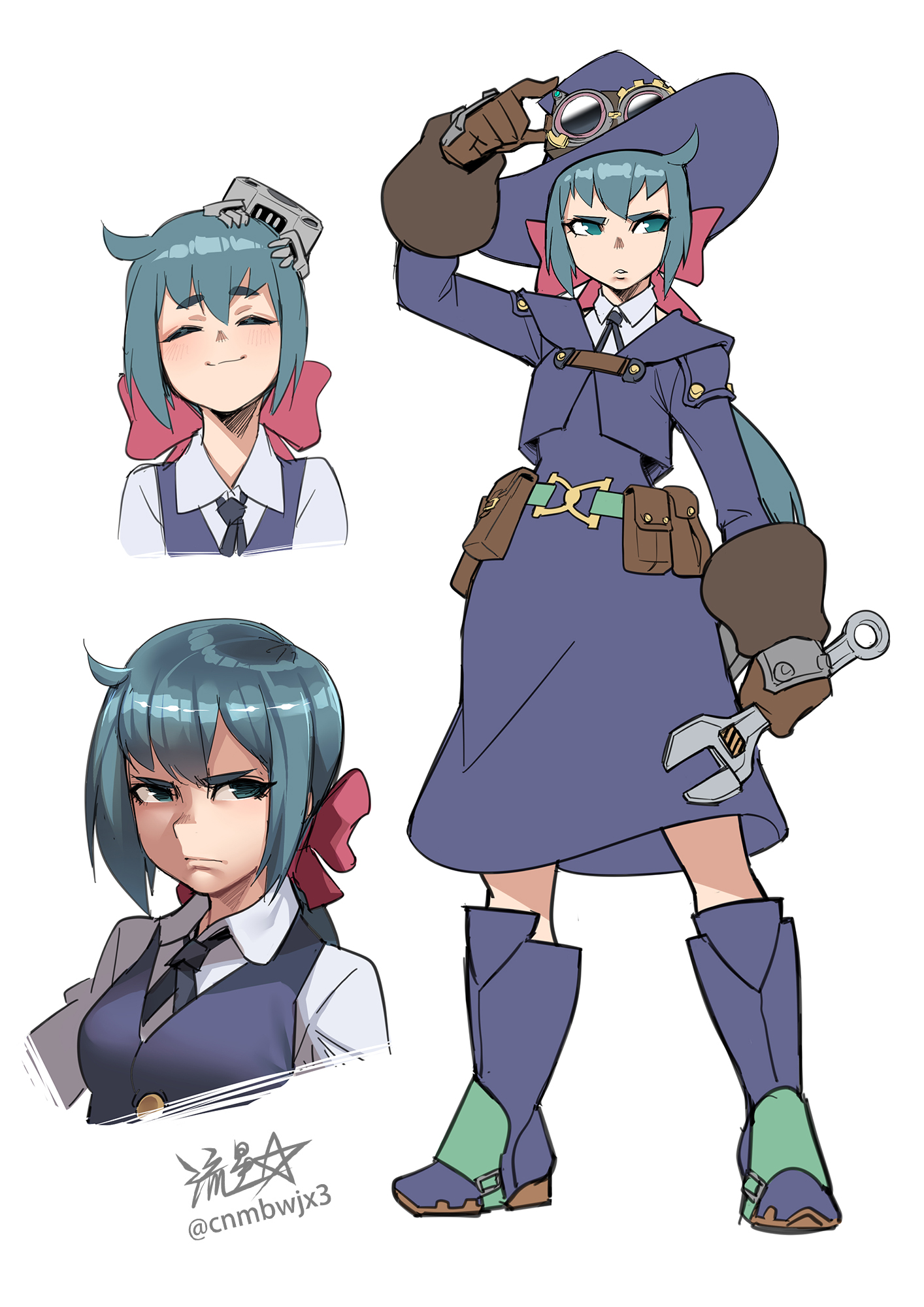 ryuusei (mark ii), constanze amalie von braunschbank-albrechtsberger, little witch academia, commentary, english commentary, highres, 1girl, adjusting eyewear, aqua eyes, aqua hair, belt pouch, blue boots, blue dress, boots, breasts, brown gloves, closed eyes, dress, frown, gloves, goggles, goggles on headwear, hat, holding, holding wrench, long hair, luna nova school uniform, medium breasts, medium dress, ponytail, pouch, school uniform, signature, smile, twitter username, witch hat, wrench