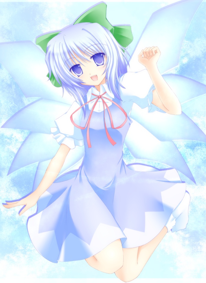 shirotsuki kouta, cirno, shoot the bullet, touhou, 1girl, blue eyes, blue hair, bobby socks, bow, dress, female focus, hair bow, matching hair/eyes, neck ribbon, open mouth, ribbon, short hair, smile, socks, solo, wings