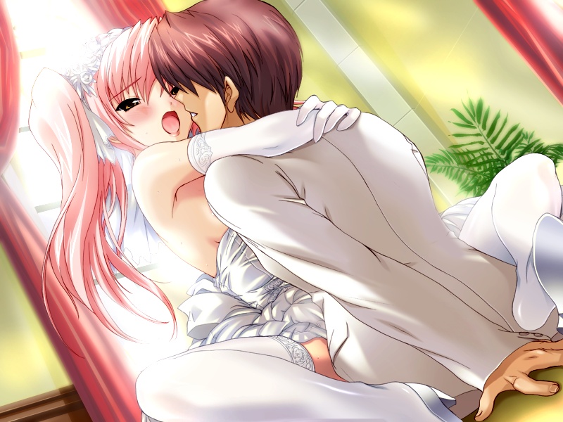 onigirikun, ikusabe takamaru, shihoudou narika, choukou (alicesoft), choukou sennin haruka, game cg, 00s, 1boy, 1girl, assertive female, blush, bridal veil, bride, brown eyes, clothed sex, couple, dress, elbow gloves, eye contact, girl on top, gloves, hetero, high heels, hug, leg lock, long hair, looking at another, moaning, pink hair, sex, shoes, straddling, thighhighs, twintails, upright straddle, veil, wedding dress, white dress