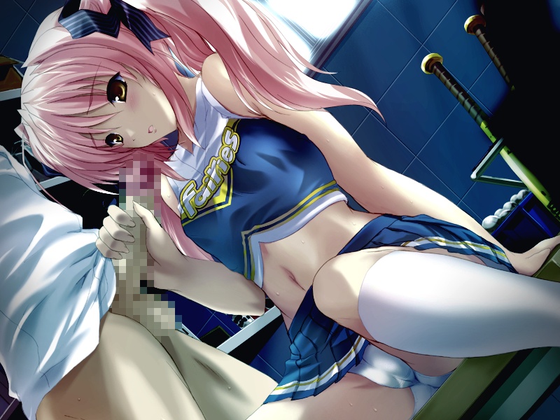 onigirikun, shihoudou narika, choukou (alicesoft), choukou sennin haruka, game cg, 00s, 1girl, baseball bat, blush, cameltoe, censored, cheerleader, clothed female nude male, dutch angle, femdom, handjob, kneehighs, midriff, mosaic censoring, nude, panties, penis, pink hair, pussy, school, sitting, skirt, socks, solo focus, spread legs, twintails, underwear, white panties, yellow eyes