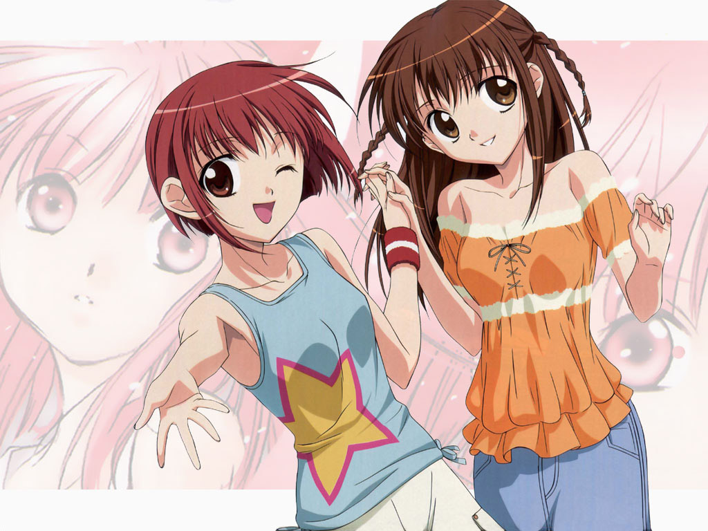 sugisaki yukiru, harada riku, harada risa, dnangel, 2girls, bare shoulders, braid, brown eyes, brown hair, casual, holding hands, long hair, multiple girls, off shoulder, one eye closed, open mouth, red hair, short hair, siblings, sisters, sleeveless, smile, tank top, twins, wink, wristband