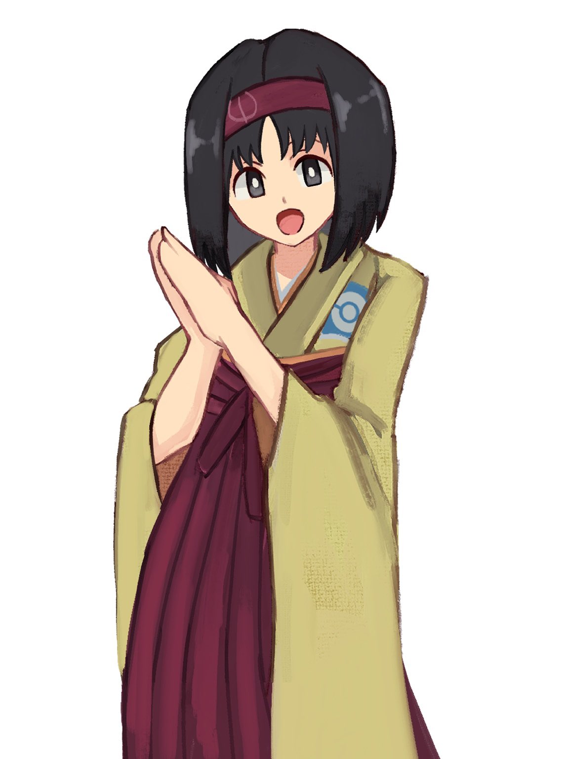tikuwabu 33, erika (pokemon), nintendo, pokemon, pokemon frlg, highres, 1girl, black hair, grey eyes, hairband, hakama, hakama skirt, japanese clothes, kimono, looking at viewer, open mouth, palms together, red hairband, red hakama, short hair, simple background, skirt, smile, solo, white background, yellow kimono
