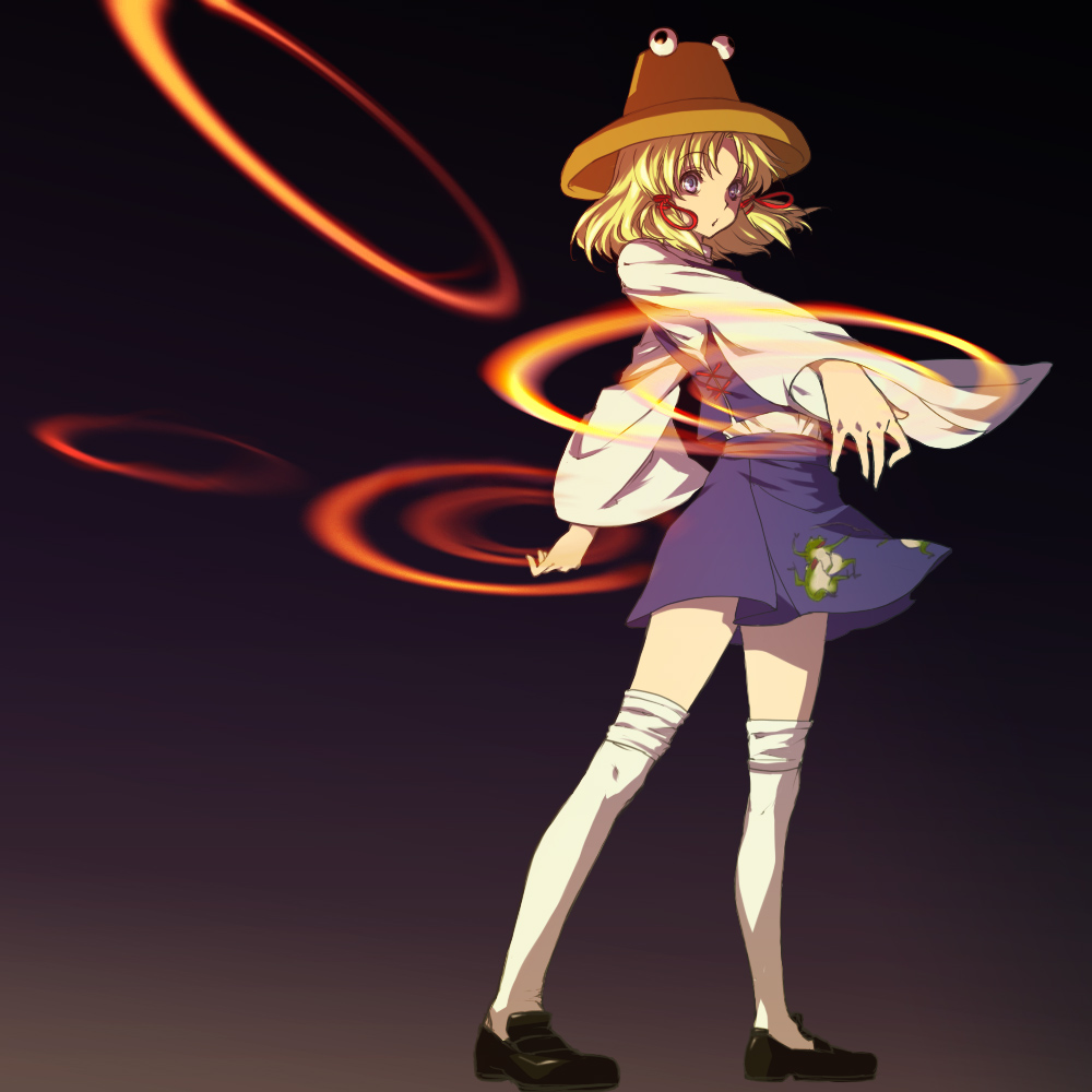 egawa satsuki, moriya suwako, touhou, 1girl, blonde hair, blue eyes, female focus, gradient background, hat, legs, long sleeves, miniskirt, moriya's iron rings, over-kneehighs, purple skirt, skirt, skirt set, solo, thighhighs, wide sleeves