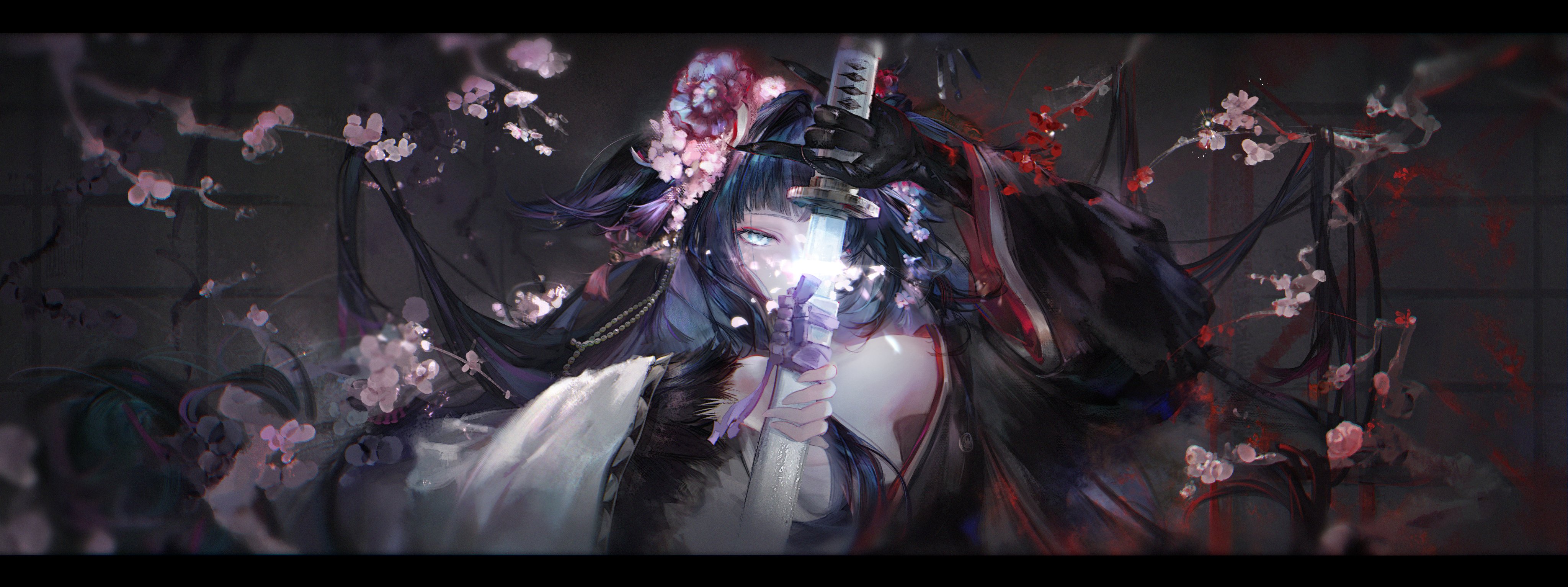 yumuto (spring1786), mio (arknights), arknights, absurdres, highres, black gloves, black hair, blue eyes, flower, gloves, glowing, glowing sword, glowing weapon, hair ornament, hair wings, japanese clothes, kimono, long hair, pink flower, scabbard, sheath, two-tone kimono, weapon