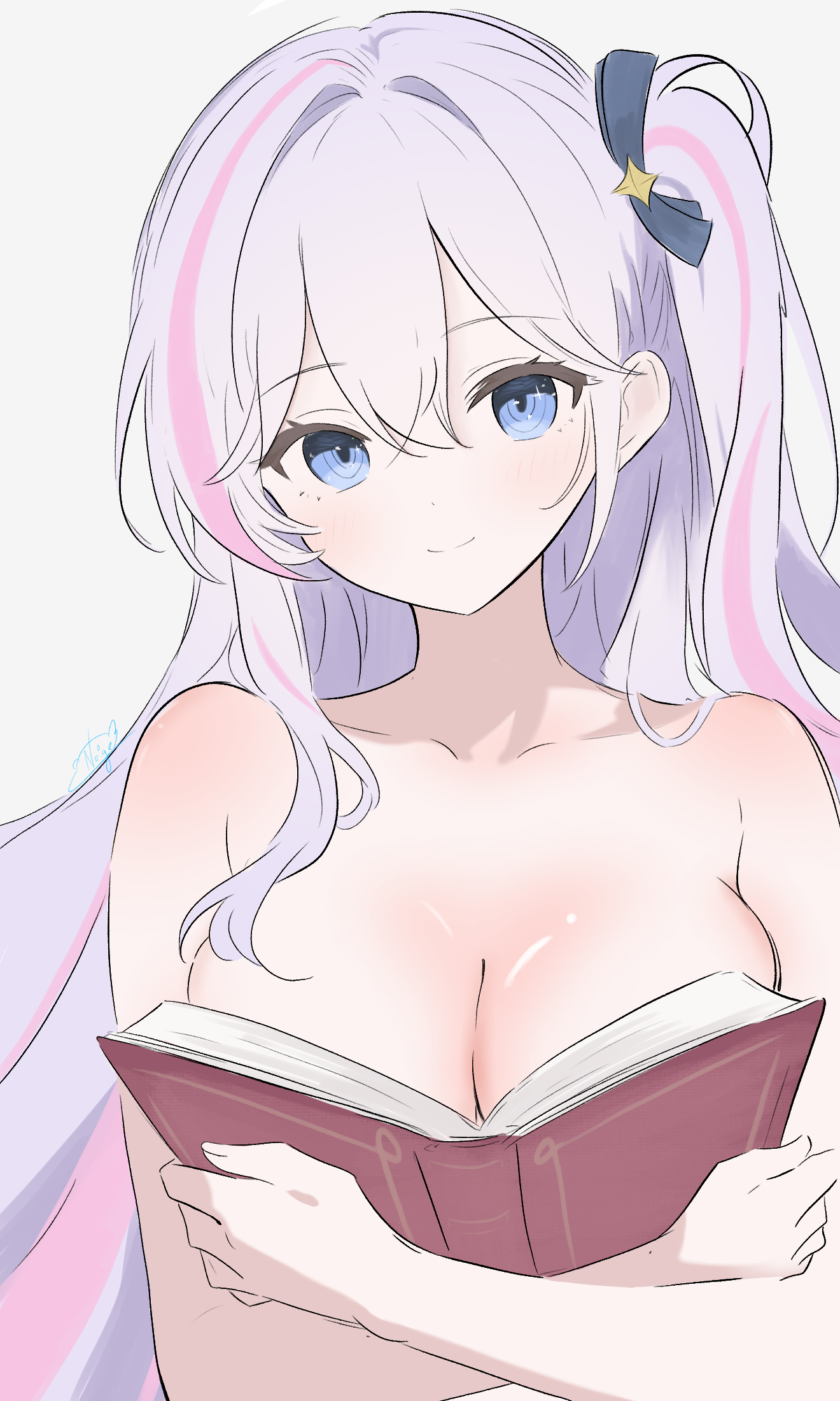 noire neige, kanami (strinova), strinova, highres, 1girl, bare shoulders, blue eyes, blush, boobs in book (meme), book, breasts, collarbone, completely nude, dot nose, hair between eyes, hair intakes, large breasts, looking at viewer, multicolored hair, nude, pink hair, side ponytail, smile, solo, white hair