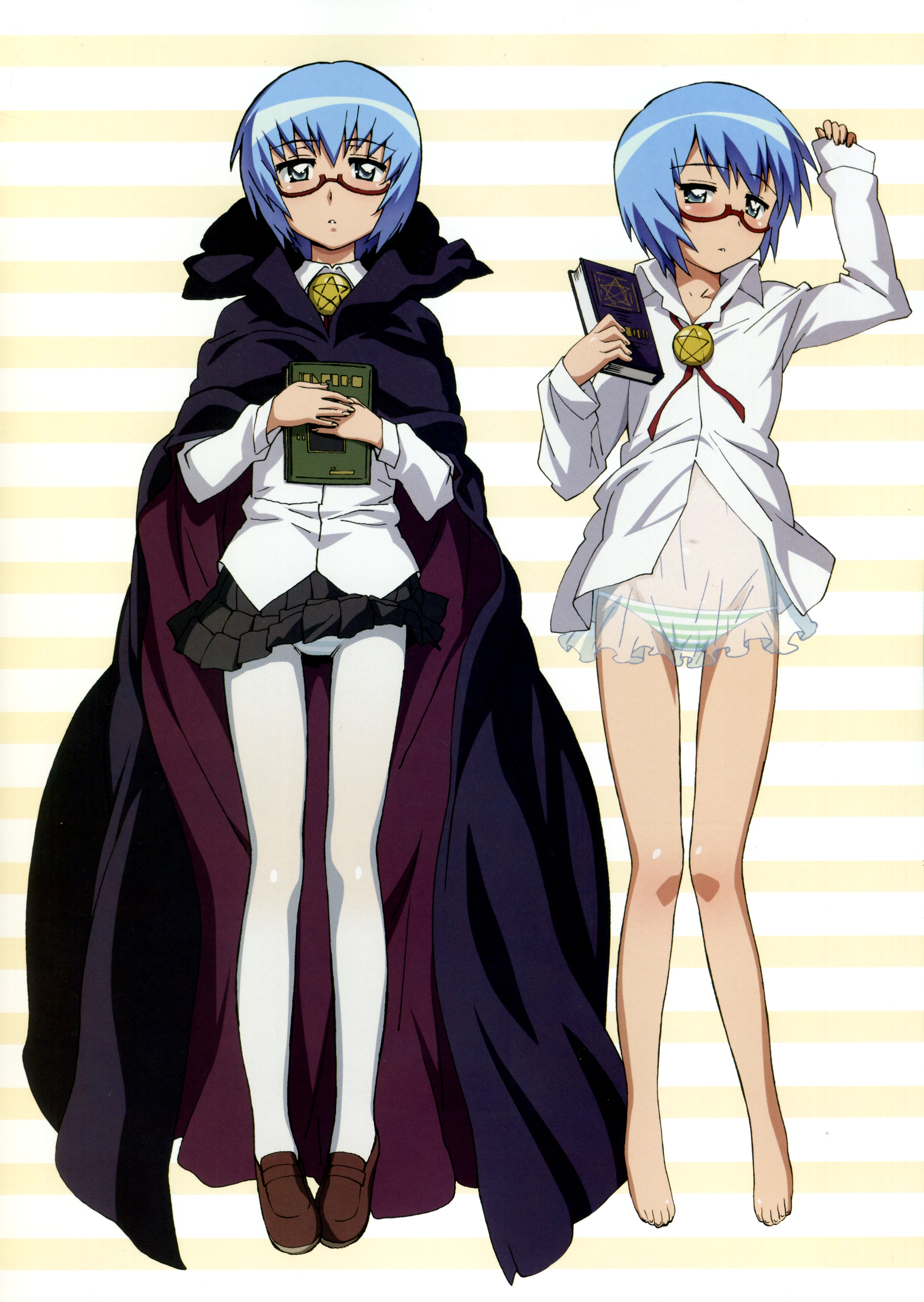 tabitha (zero no tsukaima), zero no tsukaima, absurdres, artist request, highres, 00s, 1girl, blue hair, blush, cape, dakimakura (medium), glasses, lowleg, lowleg panties, multiple views, panties, panties under pantyhose, pantyhose, pantyshot, pentacle, striped clothes, striped panties, underwear, upskirt, white pantyhose