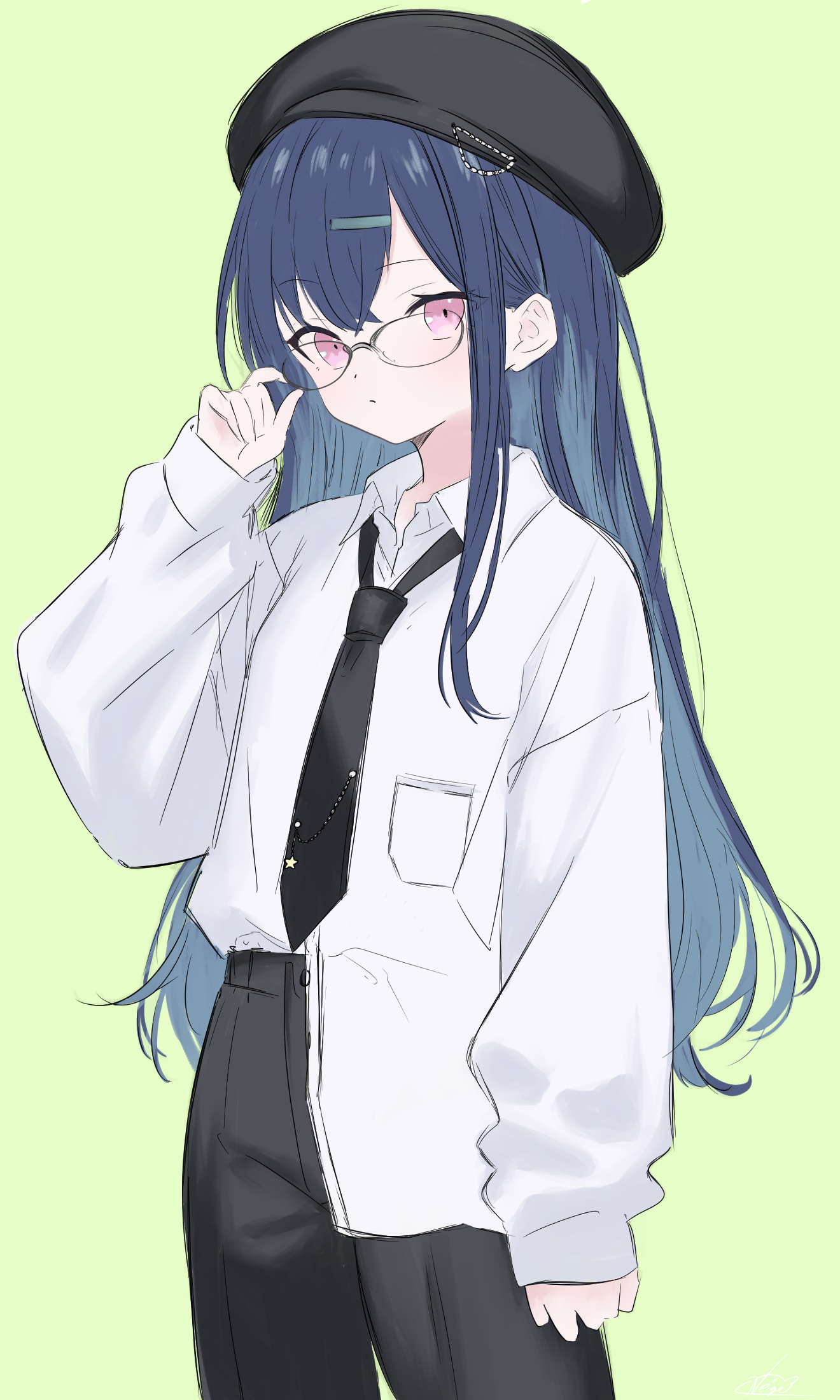 noire neige, original, highres, 1girl, adjusting eyewear, asymmetrical bangs, blue hair, dress shirt, glasses, green background, hair ornament, hairclip, hat, long hair, looking at viewer, loose necktie, necktie, oversized clothes, pants, pink eyes, shirt, simple background, solo