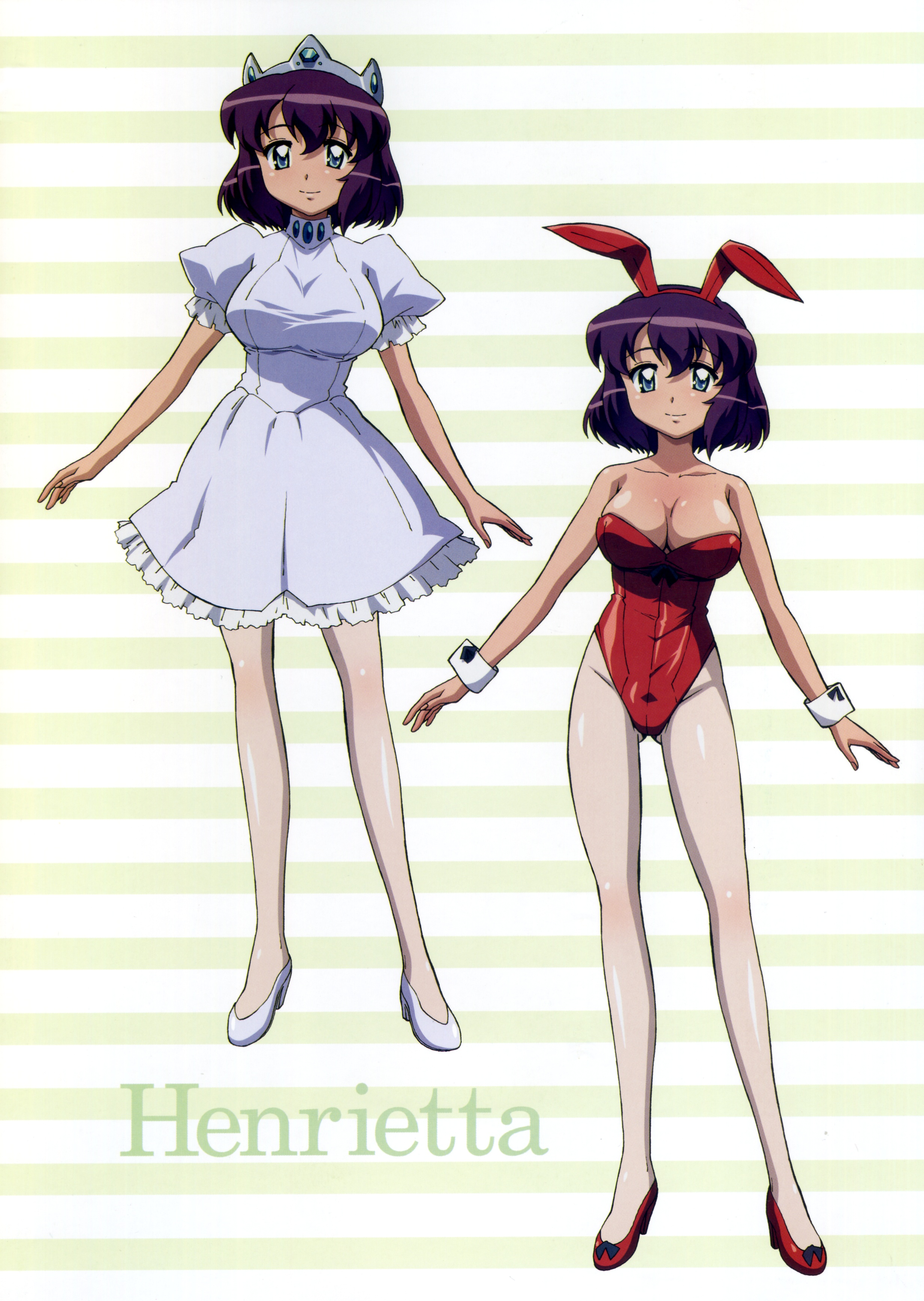 henrietta de tristain, zero no tsukaima, absurdres, artist request, highres, 00s, 1girl, animal ears, blue eyes, crown, dress, fake animal ears, hat, long legs, pantyhose, playboy bunny, purple hair, rabbit ears, short hair