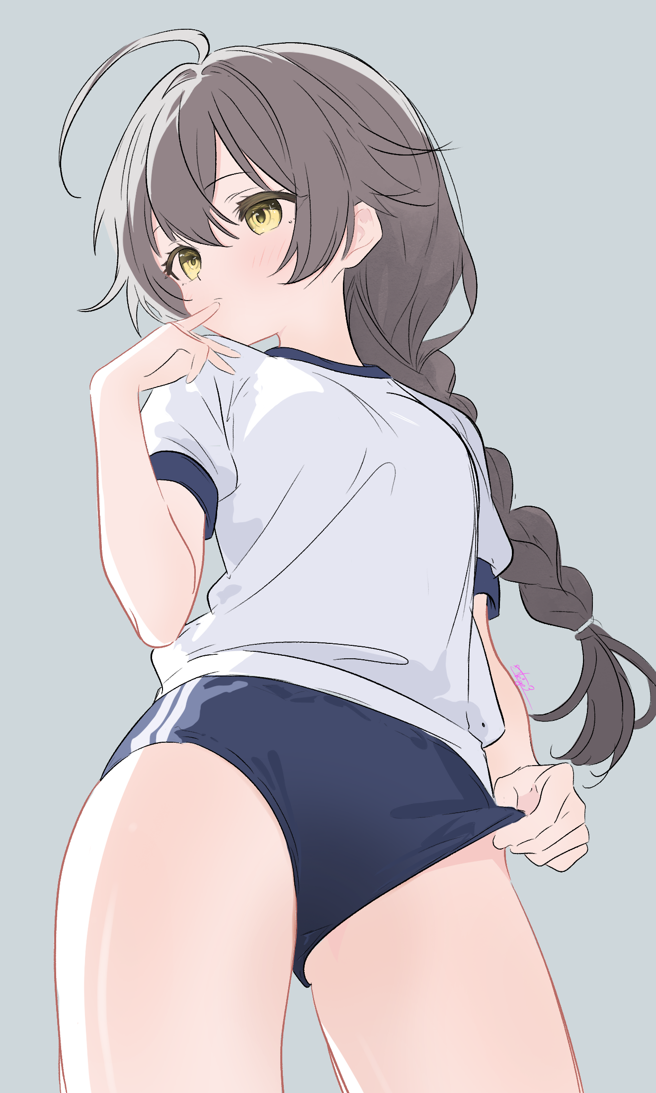 noire neige, kokona (strinova), strinova, highres, 1girl, ahoge, bloomers, blush, braid, braided ponytail, brown hair, clothes pull, finger to mouth, from below, hair between eyes, long hair, looking to the side, low ponytail, ponytail, simple background, solo, sportswear, standing, underwear, yellow eyes