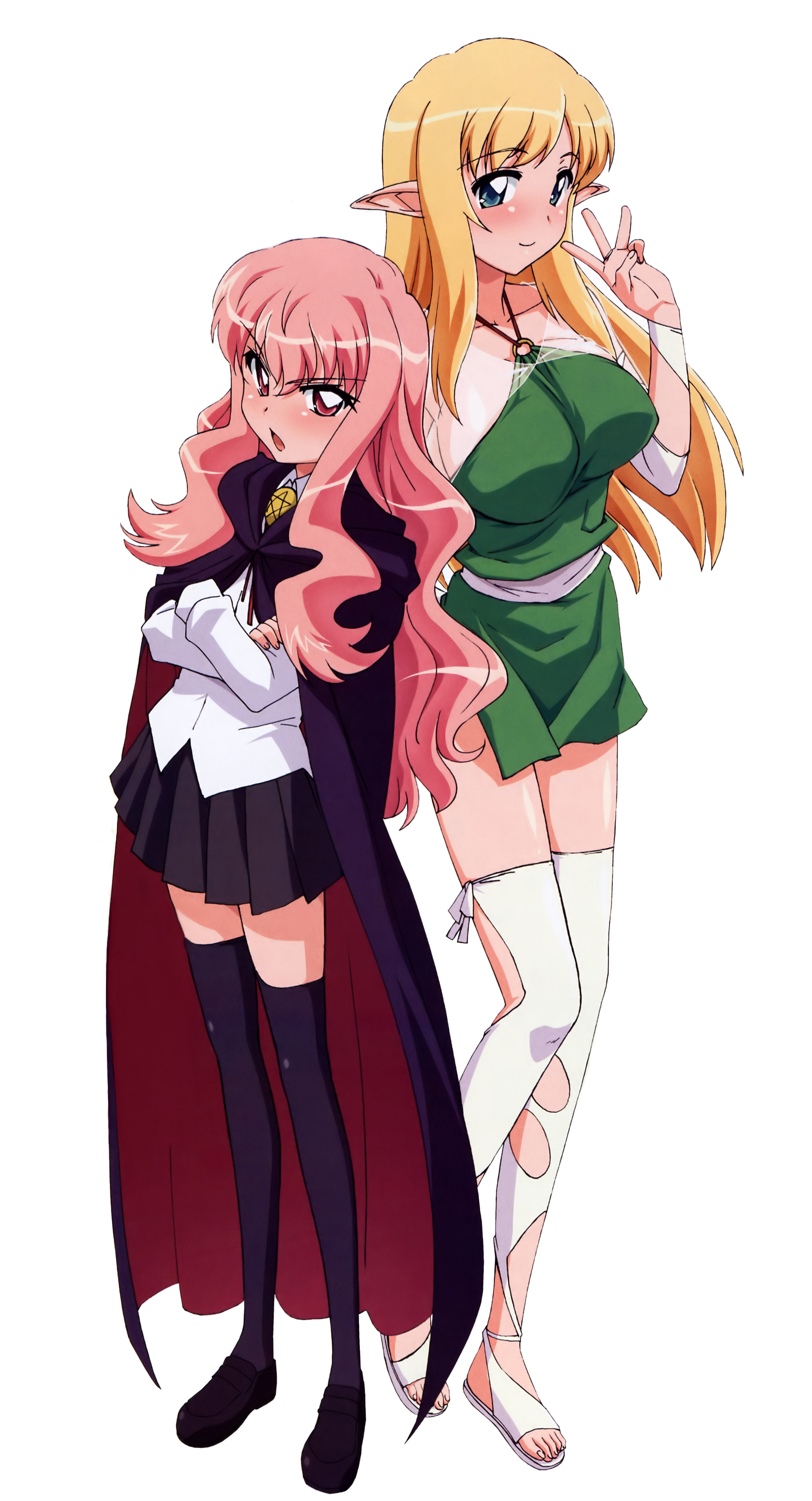 fujii masahiro, louise francoise le blanc de la valliere, tiffania westwood, zero no tsukaima, absurdres, highres, 00s, 2girls, blonde hair, blue eyes, bridal gauntlets, cape, elf, halterneck, multiple girls, pentacle, pink eyes, pink hair, pointy ears, simple background, standing, thighhighs, white background