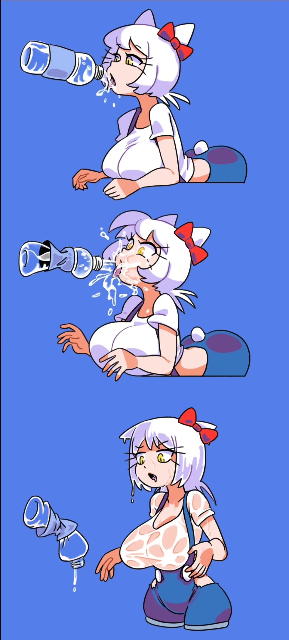minuspal, hello kitty (character), hello kitty, sanrio, 1girl, arched back, ass, breasts, cat girl, hello kitty (series), huge ass, innuendo, kitty white, large breasts, open mouth, overalls, sexually suggestive, shirt, tongue, water, wet, wet clothes, wet shirt, white hair, white shirt