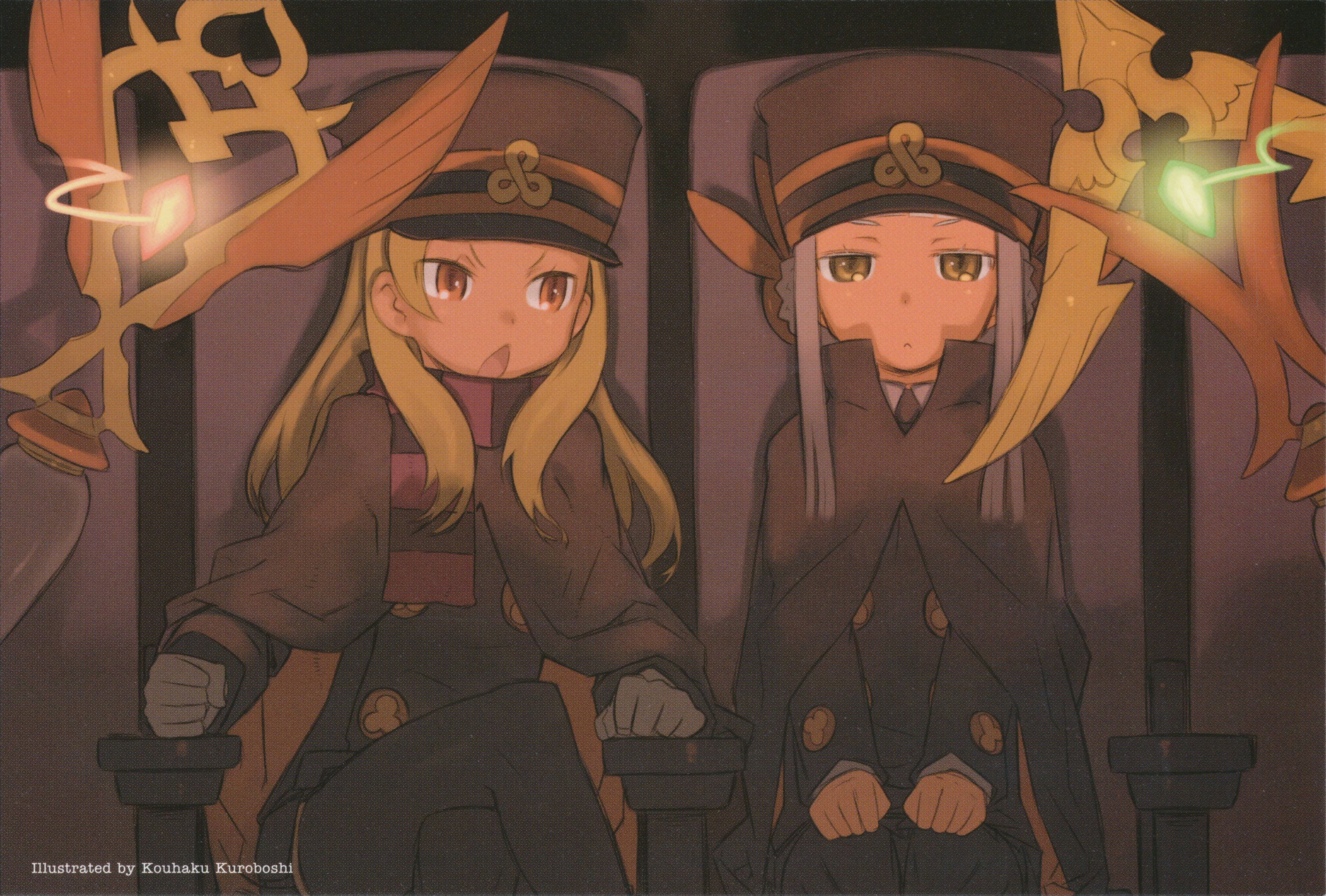 kuroboshi kouhaku, chiaki (shigofumi), fumika, kanaka, matoma, shigofumi, silver hair, absurdres, highres, scan, 00s, 2girls, blonde hair, brown eyes, cape, gloves, hat, multiple girls, scarf, shako cap, sitting, striped clothes, striped scarf, yellow eyes