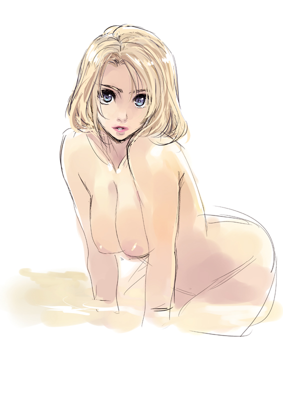matsumoto noriyuki, original, 1girl, blonde hair, blue eyes, breasts, female focus, large breasts, nipples, nude, short hair, solo