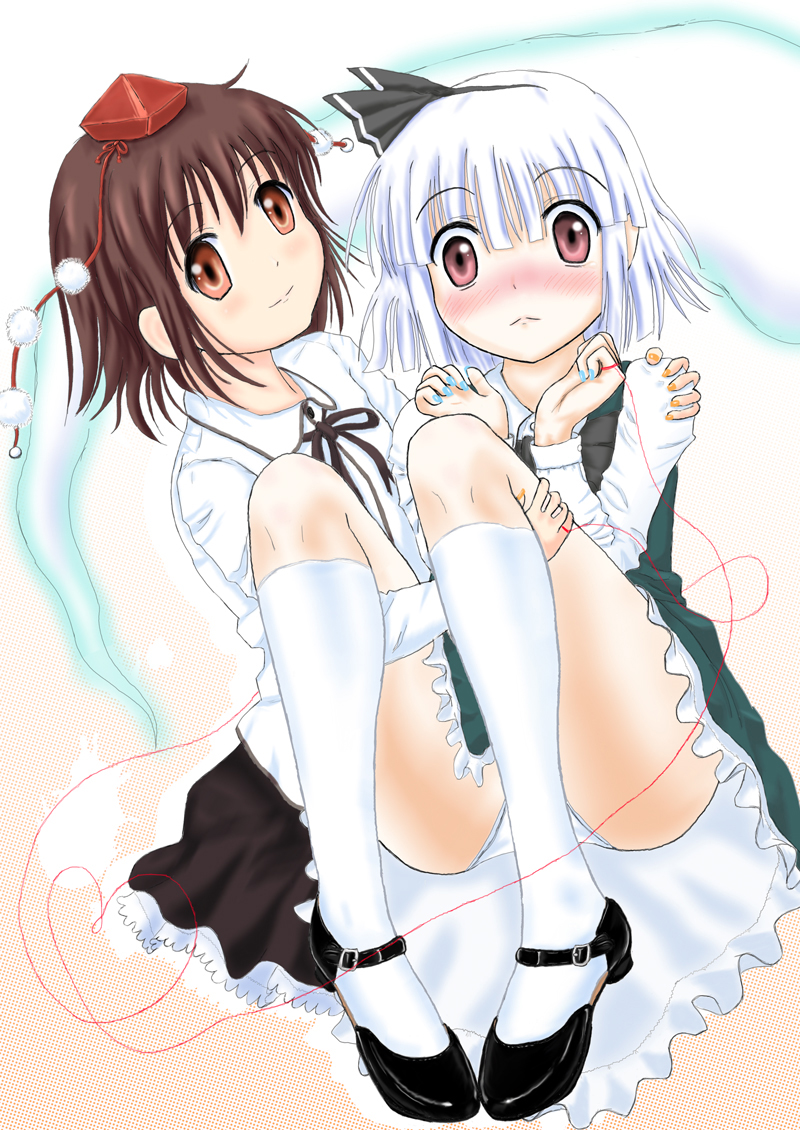 minami nanaki, nanaki, konpaku youmu, konpaku youmu (ghost), shameimaru aya, touhou, 2girls, female focus, hat, hitodama, multiple girls, string, string of fate, yuri