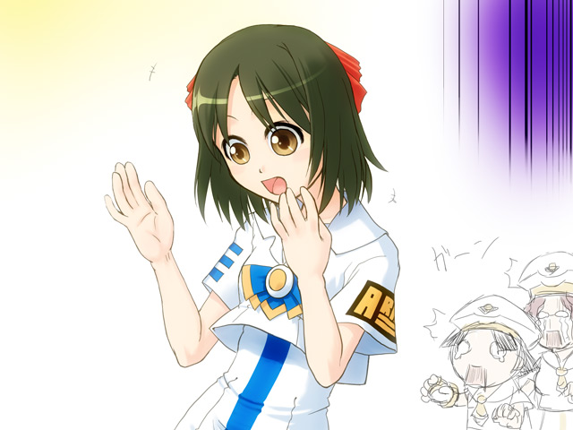 caryo, takeda yukimura, aino ai, atora monteverdi, yumeno anzu, aria (manga), 00s, 3girls, beret, blouse, bow, brown eyes, brown hair, chibi, chibi inset, glasses, hair bow, hat, multiple girls, o o, shirt, short hair, surprised, teardrop, white shirt