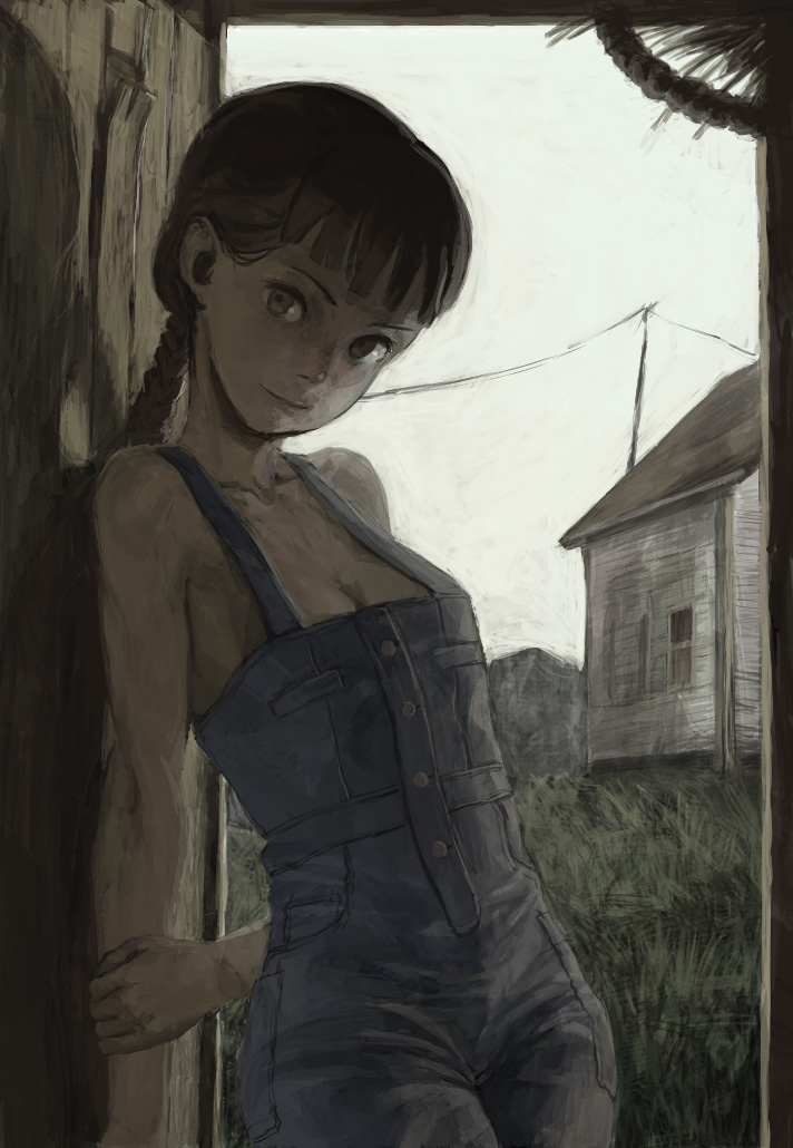 nababa, original, bad id, bad pixiv id, 1girl, arm behind back, braid, breasts, brown eyes, brown hair, cleavage, dark, female focus, leaning, long hair, medium breasts, naked overalls, overalls, single braid, solo