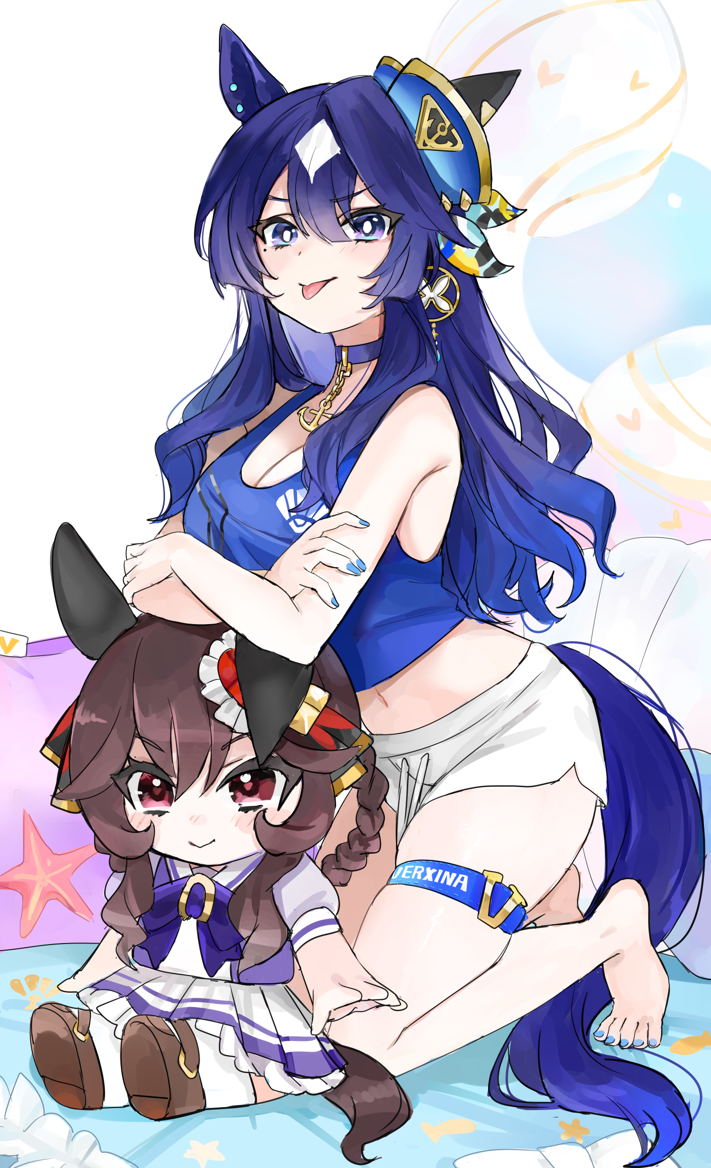 kik1, gentildonna (umamusume), verxina (umamusume), umamusume, highres, 1girl, anchor choker, animal ears, blue eyes, blue hair, blue nails, blue tank top, braid, braided hair rings, breasts, character doll, crossed arms, doll, ear covers, ear ornament, hair between eyes, hair rings, horse ears, horse girl, horse tail, long hair, medium breasts, navel, purple serafuku, red eyes, school uniform, serafuku, shorts, solo, tail, tank top, thigh strap, tracen school uniform