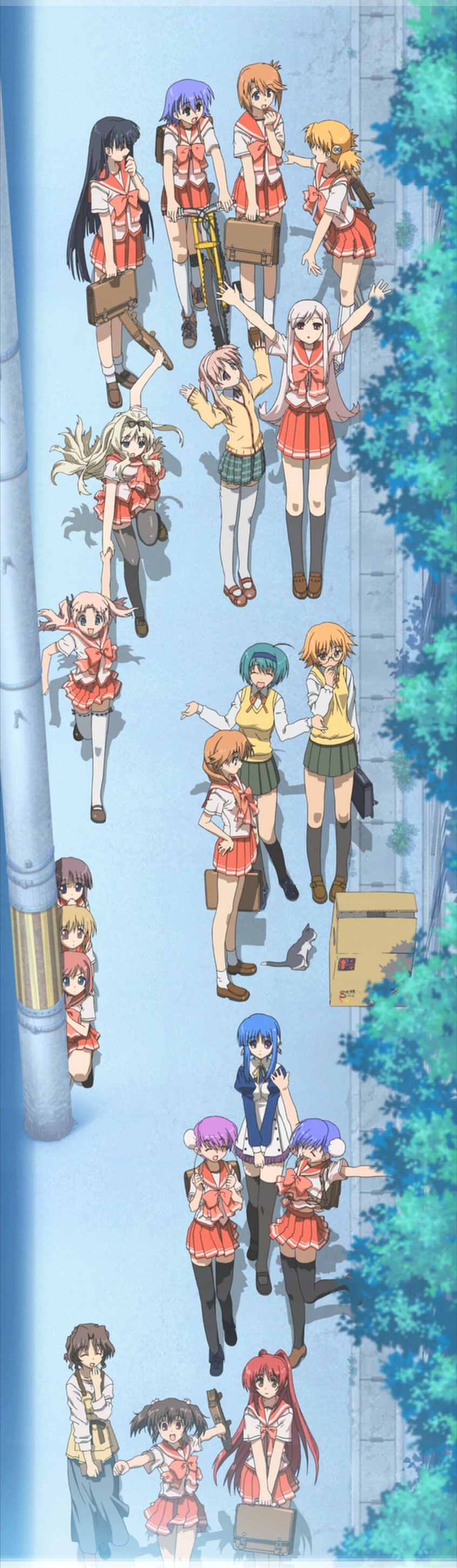 himeyuri ruri, himeyuri sango, ilfa (to heart), komaki ikuno, komaki manaka, kousaka tamaki, kusakabe yuuki (to heart 2), kusugawa sasara, lucy maria misora, maaryan (to heart), nanako (to heart 2), sasamori karin, tonami yuma, yamada michiru, yoshioka chie, yuzuhara haruka, yuzuhara konomi, to heart (series), to heart 2, to heart 2 ad, absurdres, anime screenshot, highres, long image, tall image, 00s, 6+girls, bicycle, blonde hair, box, bun cover, cat, double bun, everyone, folded ponytail, hair bun, multiple girls, school uniform, serafuku