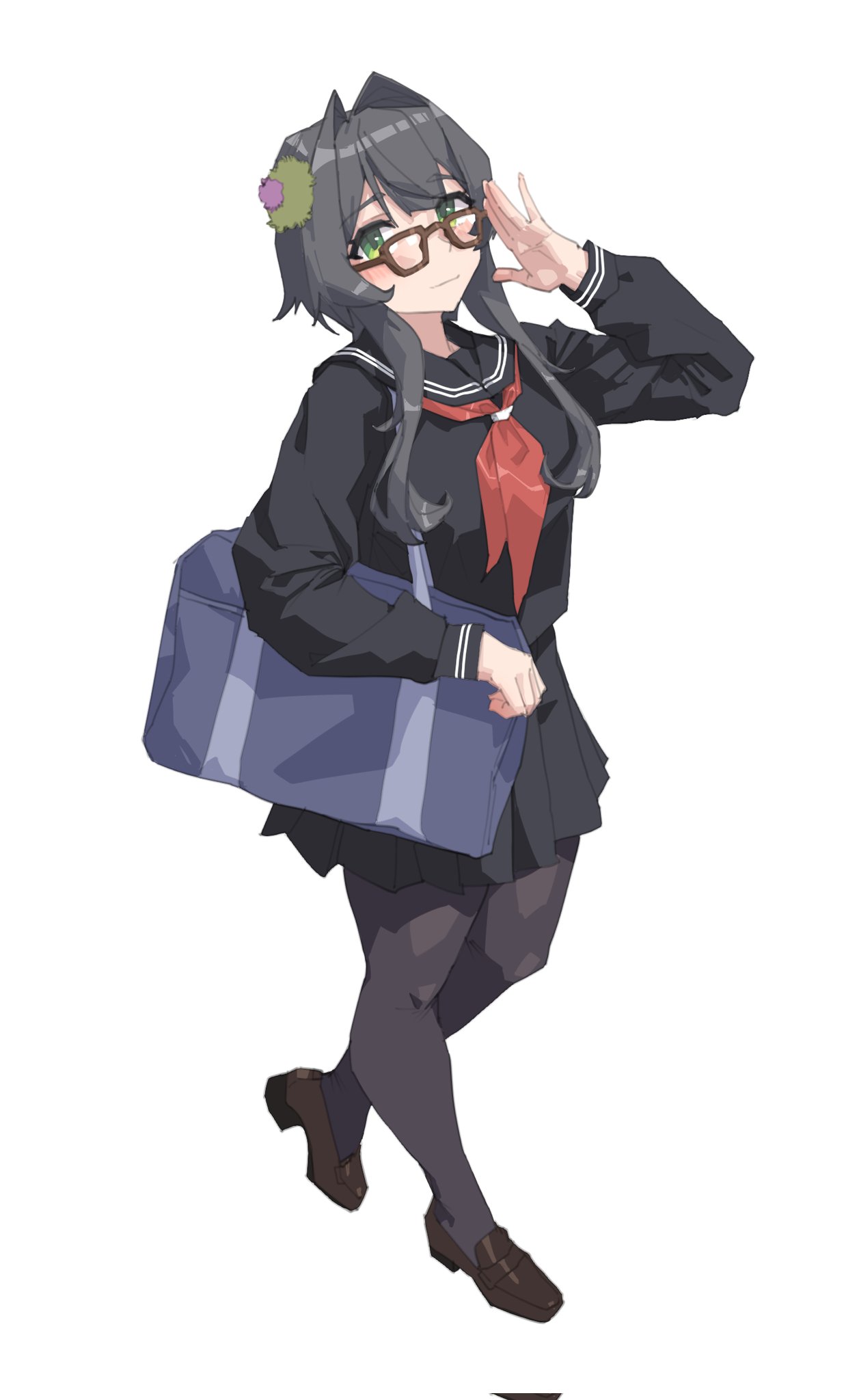 stank, original, highres, 1girl, ascot, bag, black hair, black pantyhose, black shirt, black skirt, blue bag, blush, brown shoes, glasses, green eyes, hair ornament, hand up, holding, holding bag, long hair, looking at viewer, pantyhose, pleated skirt, red ascot, school uniform, shirt, shoes, shoulder bag, sidelocks, simple background, skirt, smile