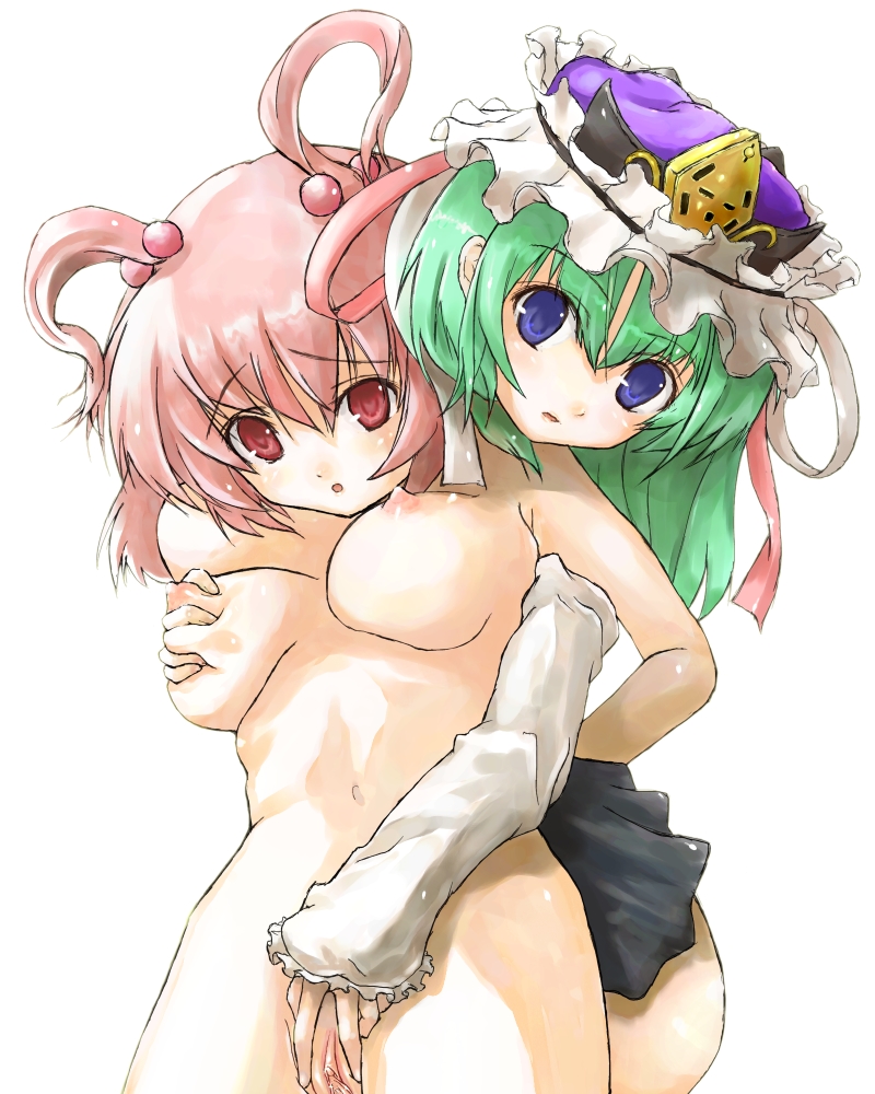 kuku, onozuka komachi, shiki eiki, touhou, 2girls, arms behind back, blue eyes, breasts, clitoris, clothed female nude female, completely nude, female focus, from behind, front to back, grabbing another's breast, green hair, groping, hat, large breasts, multiple girls, nipples, nude, pink hair, puffy nipples, pussy, reach-around, red eyes, simple background, spread pussy, uncensored, yuri