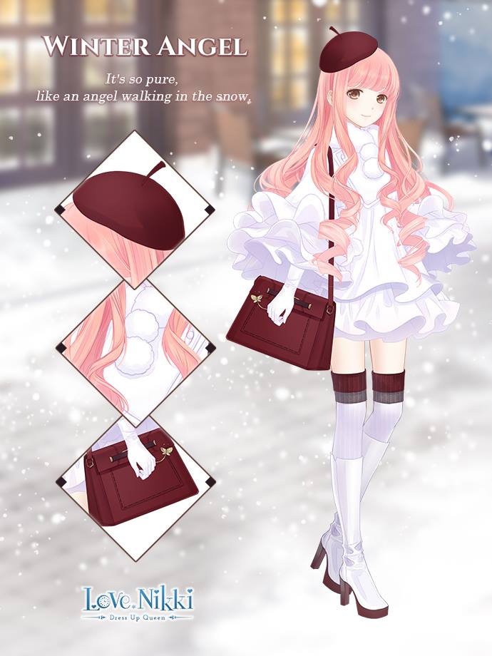 nikki (nikki), miracle nikki, nikki (series), artist request, official art, 1girl, bag, beret, blunt bangs, boots, brown bag, brown eyes, brown hat, building, character name, close-up, closed mouth, copyright name, day, dot nose, dress, english text, frilled dress, frilled sleeves, frills, full body, fur-trimmed dress, fur trim, gloves, happy, hat, high heel boots, high heels, knee boots, light blush, logo, long hair, long sidelocks, long sleeves, looking at viewer, outdoors, path, pink hair, road, short dress, shoulder bag, sidelocks, smile, snowing, solo, standing, thighhighs, very long hair, white boots, white dress, white gloves, white thighhighs, window, winter, winter angel (miracle nikki)
