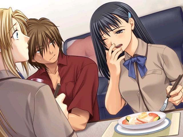 kanzaki naoya, cecil adjani, kamijou nagi, crusade (touchy), touchy, game cg, tagme, 1boy, 2girls, black eyes, black hair, blonde hair, brown hair, couch, dutch angle, eating, food, fork, indoors, long hair, multiple girls, plate, short hair, table