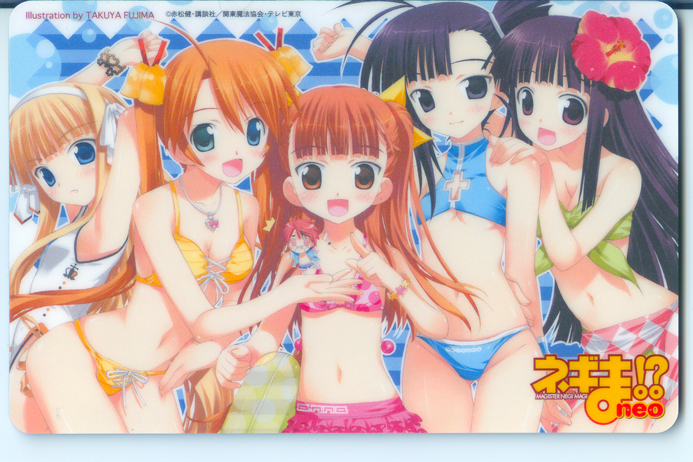 fujima takuya, anya cocolova, evangeline a.k. mcdowell, kagurazaka asuna, konoe konoka, negi springfield, sakurazaki setsuna, mahou sensei negima!, 00s, 5girls, ahoge, antenna hair, armpits, arms up, bell, bikini, black hair, blonde hair, blue eyes, blush, bracelet, breasts, card (medium), child, cleavage, flat chest, flower, frilled bikini, frills, green eyes, grey eyes, hair bell, hair flower, hair ornament, hairband, heterochromia, hibiscus, hug, innertube, jewelry, leaning forward, lineup, long hair, medium breasts, mini person, miniboy, multiple girls, orange hair, pink eyes, pointing, red eyes, red hair, sarong, side ponytail, small breasts, smile, swim ring, swimsuit, tankini, underboob, vampire, very long hair