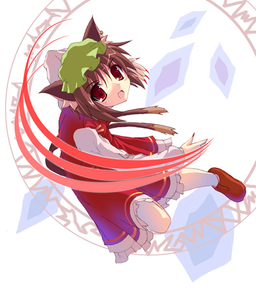 yamamoto nori, chen, touhou, 1girl, animal ears, brown hair, cat ears, cat girl, cat tail, earrings, female focus, fingernails, hat, jewelry, long fingernails, multiple tails, nail (hardware), red eyes, solo, tail