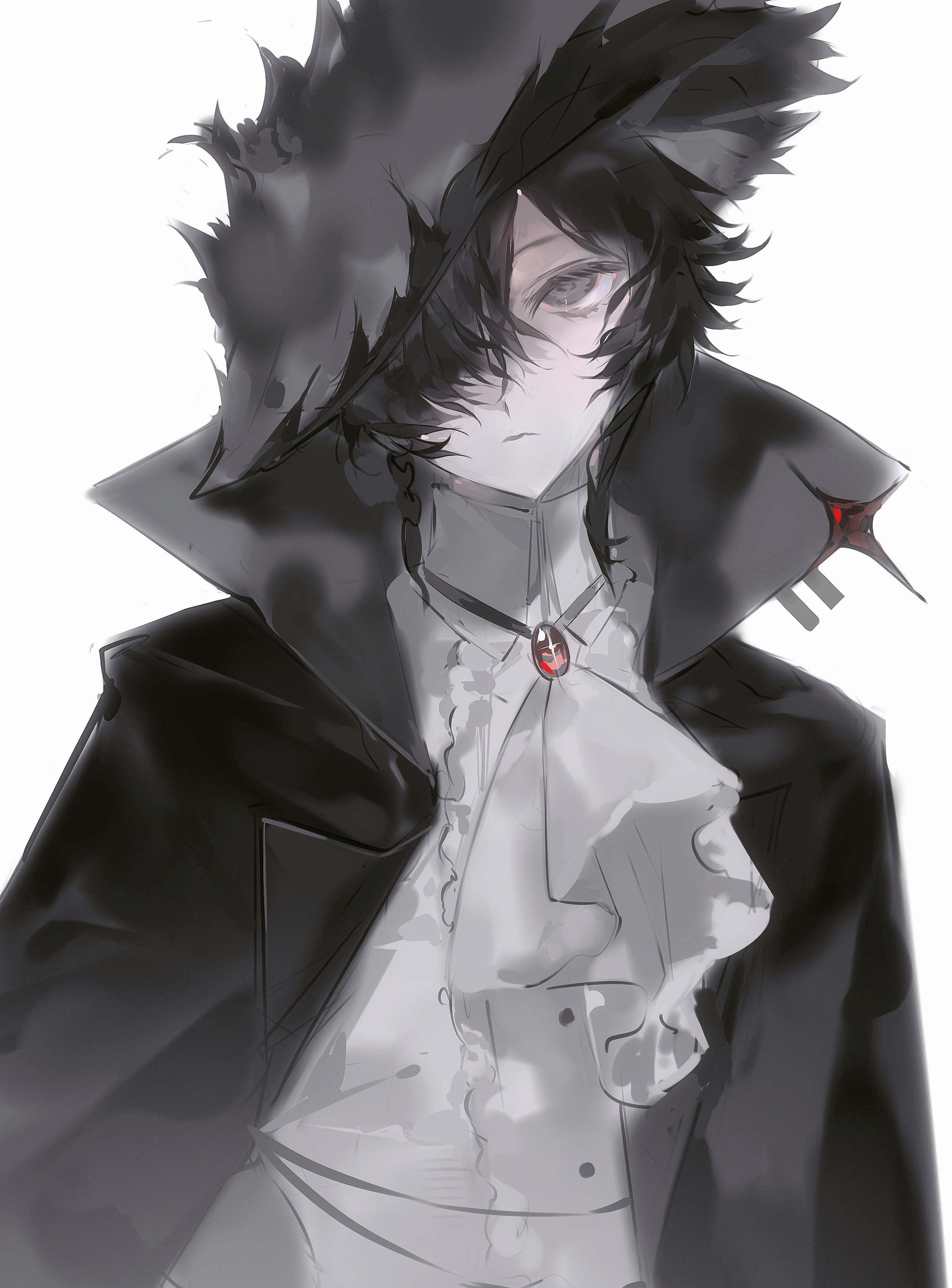 original, absurdres, highres, 1boy, ascot, black coat, black hair, braid, brooch, coat, collared shirt, grey eyes, hair over one eye, hat, heilanshuimuchu, jewelry, male focus, one eye covered, open clothes, open coat, red brooch, shirt, short hair, simple background, tricorne, upper body, white ascot, white background, white shirt