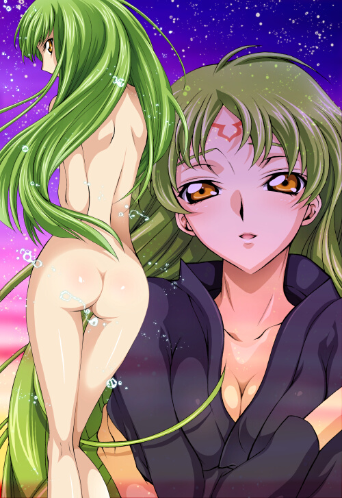 iyou, mizuno poppo, poppo, c.c., code geass, 00s, ass, blush, breasts, brown eyes, cleavage, collarbone, gluteal fold, green hair, long hair, looking back, medium breasts, multiple views, nude, yellow eyes