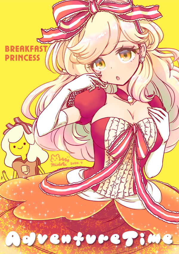 mizuki maya, breakfast princess, adventure time, commentary, 2girls, :o, bacon, blonde hair, breasts, butter, character name, cleavage, copyright name, dual persona, earrings, elbow gloves, food, food-themed clothes, gloves, hair ribbon, humanization, jewelry, large breasts, long hair, looking at viewer, multiple girls, orange skirt, parted lips, puffy short sleeves, puffy sleeves, red ribbon, red shirt, ribbon, sandwich, shirt, short sleeves, signature, skirt, waving, white gloves, yellow background