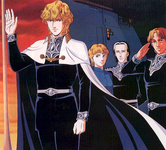 hildegard von mariendorf, paul von oberstein, reinhard von lohengramm, wolfgang mittermeyer, ginga eiyuu densetsu, 1girl, 3boys, blonde hair, cape, military, military uniform, multiple boys, salute