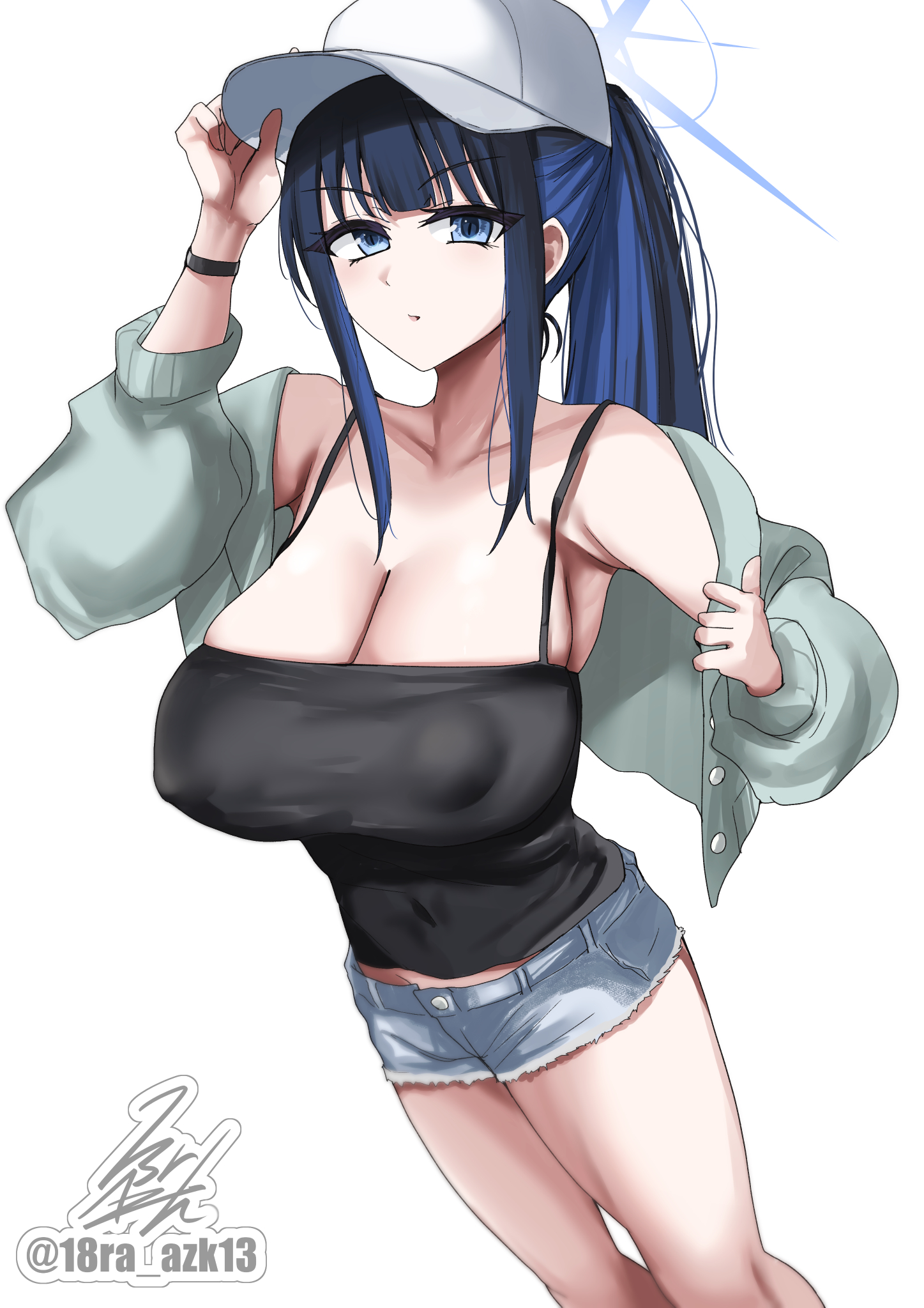 ibara azuki, saori (blue archive), saori (swimsuit) (blue archive), blue archive, highres, 1girl, bare shoulders, baseball cap, black camisole, black hair, blue eyes, blue hair, breasts, camisole, cleavage, colored inner hair, covered erect nipples, cutoffs, green jacket, grey shorts, halo, hat, jacket, large breasts, long hair, long sleeves, looking at viewer, multicolored hair, off shoulder, open clothes, open jacket, ponytail, short shorts, shorts, sidelocks, solo, thighs, white hat