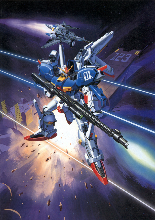 s gundam, salamis kai, zeta plus, gundam, gundam sentinel, acrylic paint (medium), painting (medium), traditional media, beam rifle, energy gun, explosion, gun, mecha, mecha focus, robot, space, spacecraft, weapon