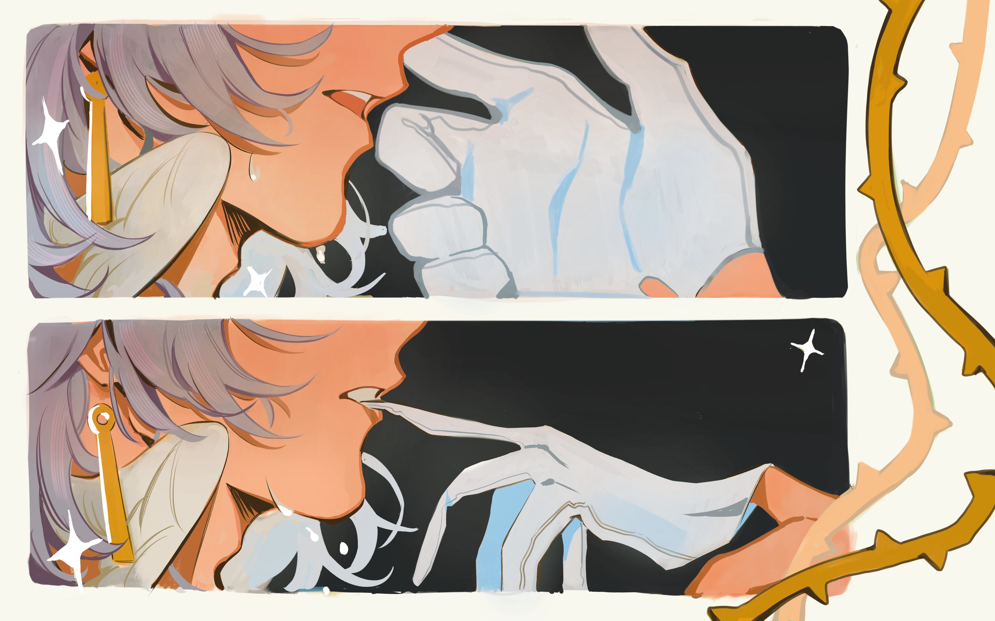 gallagher (honkai: star rail), sunday (honkai: star rail), honkai: star rail, honkai (series), absurdres, commentary, english commentary, highres, 2boys, biting, biting glove, burner52155269, earrings, eyes out of frame, glove in mouth, gloves, grey hair, head out of frame, head wings, jewelry, male focus, mouth hold, multiple boys, open mouth, piercing, plant, profile, sparkle, teeth, thorns, upper teeth only, vines, white gloves, wings, yaoi