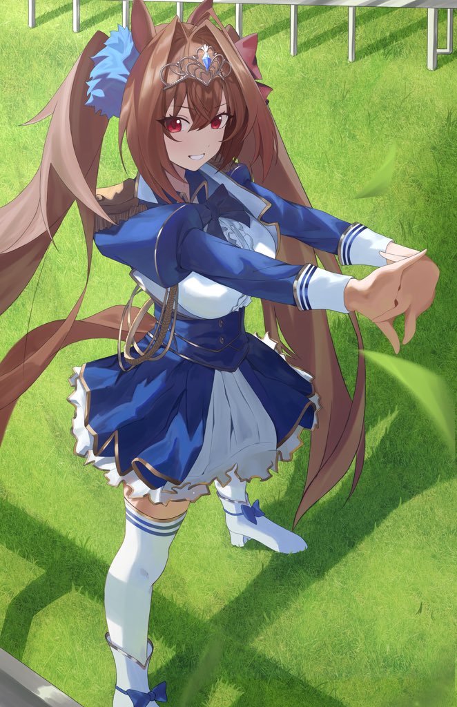 yoshitaka (eriri takadess), daiwa scarlet (umamusume), umamusume, 1girl, animal ears, blue bow, blue dress, blush, bow, breasts, brown hair, dress, ear ornament, epaulettes, fence, framed breasts, grass, hair between eyes, hair intakes, hair ornament, horse ears, horse girl, horse racing track, horse tail, interlocked fingers, large breasts, long hair, long sleeves, looking at viewer, open mouth, outdoors, red eyes, shadow, shoes, smile, solo, stretching, tail, teeth, thighhighs, tiara, twintails, very long hair, white thighhighs